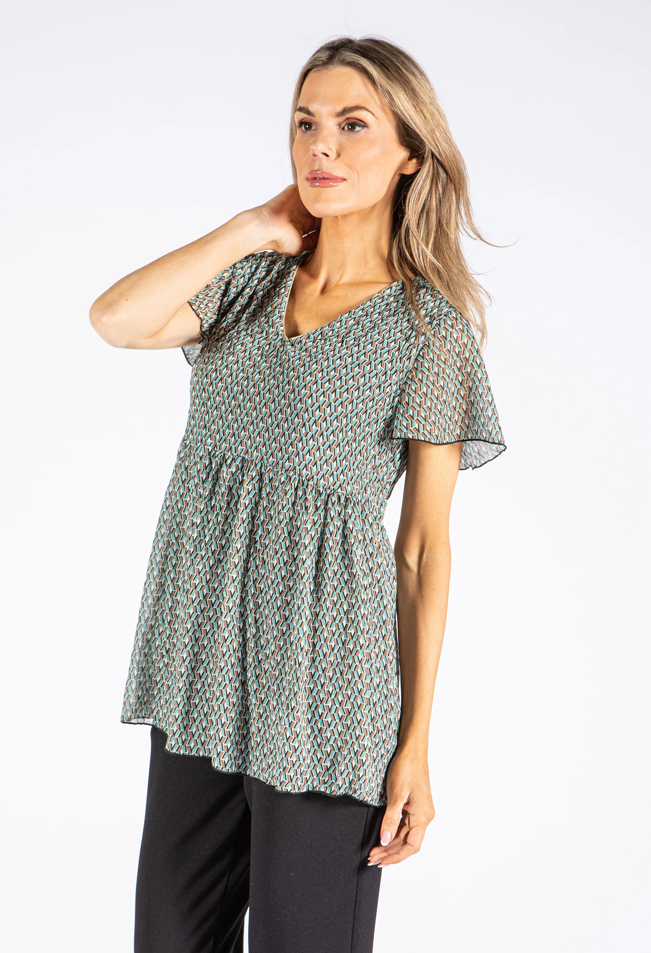 Abstract Print V Neck Top - Image 2
