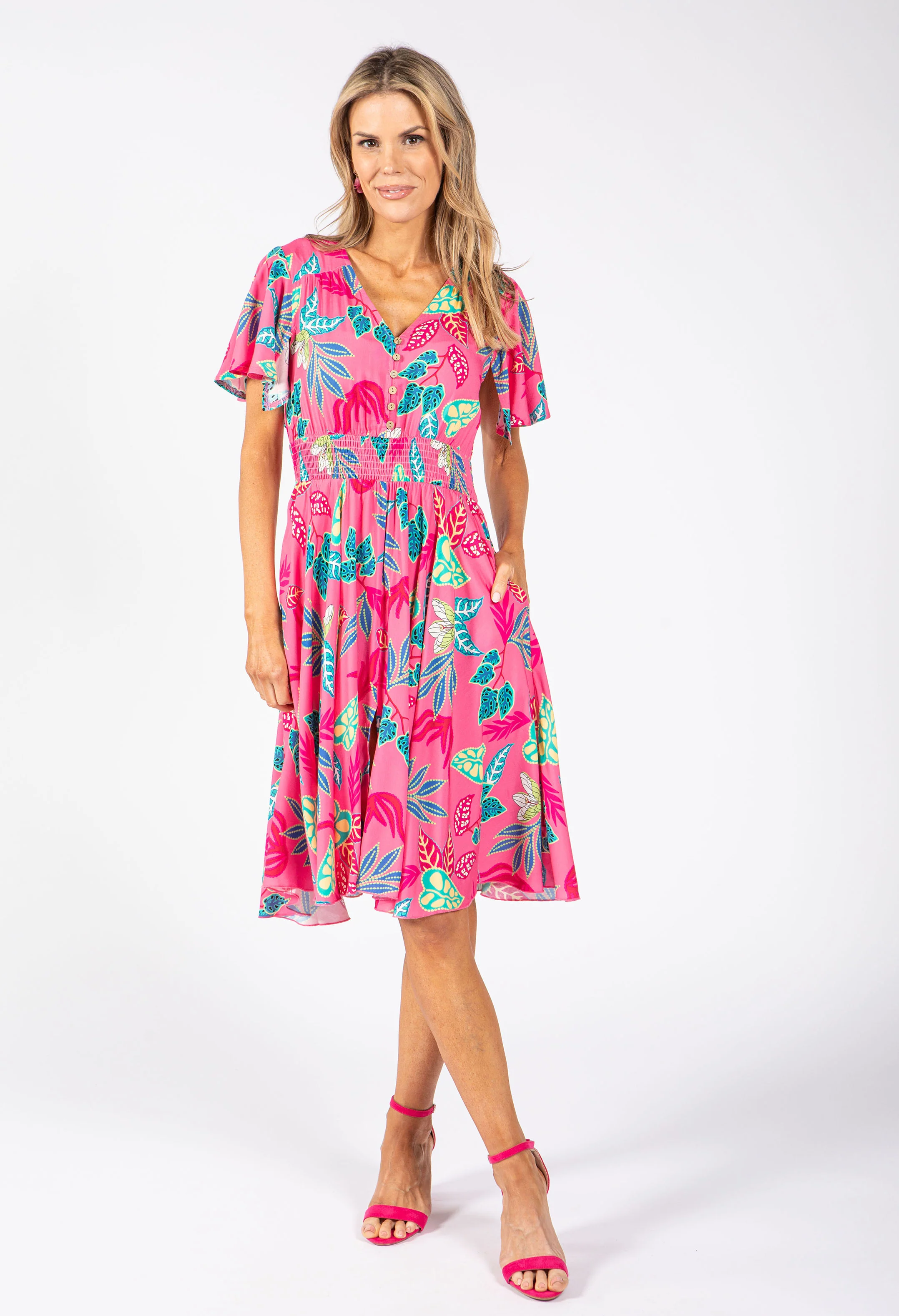 Angel Sleeve Leaf Print Dress - Image 2
