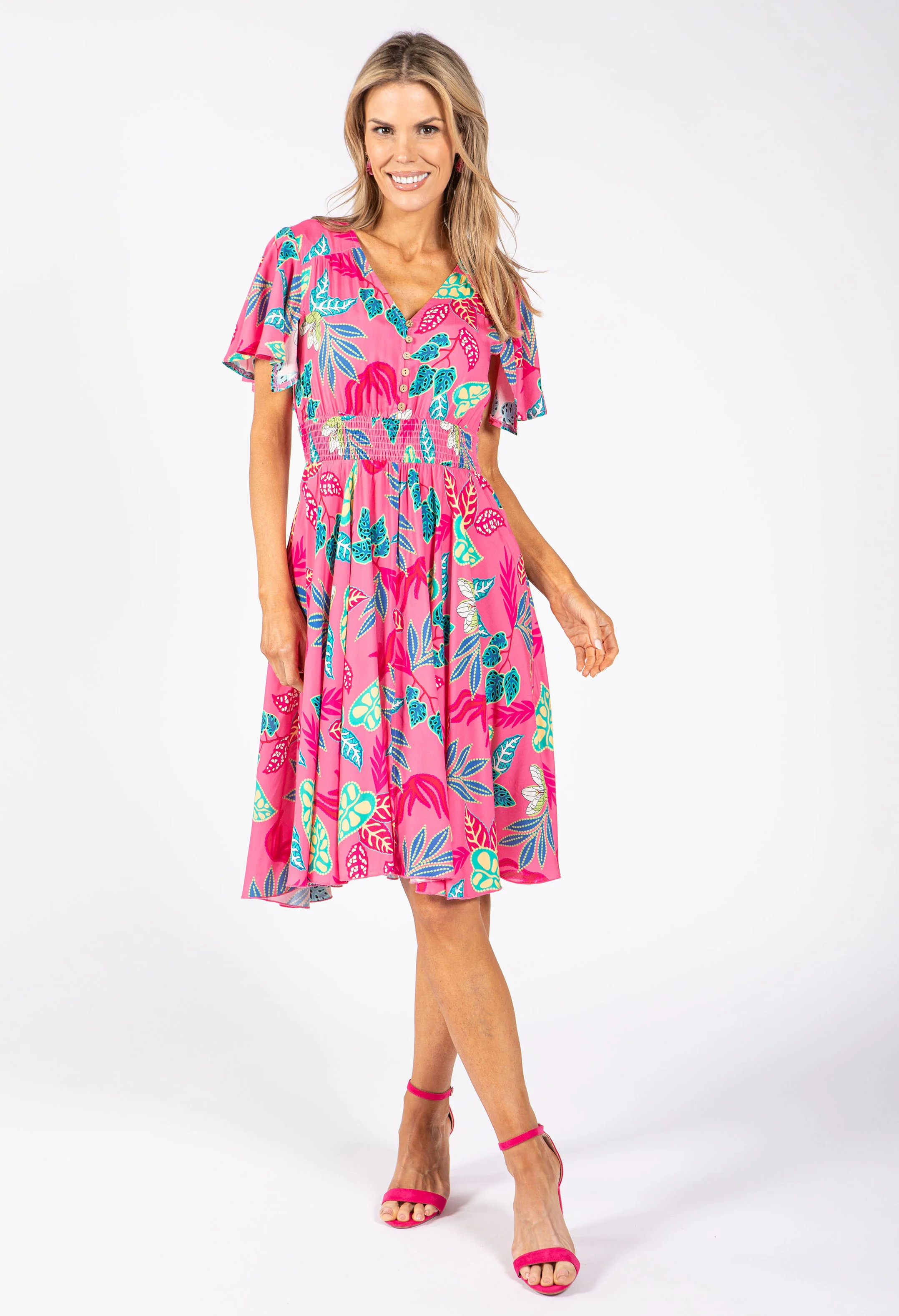 Angel Sleeve Leaf Print Dress - Image 4