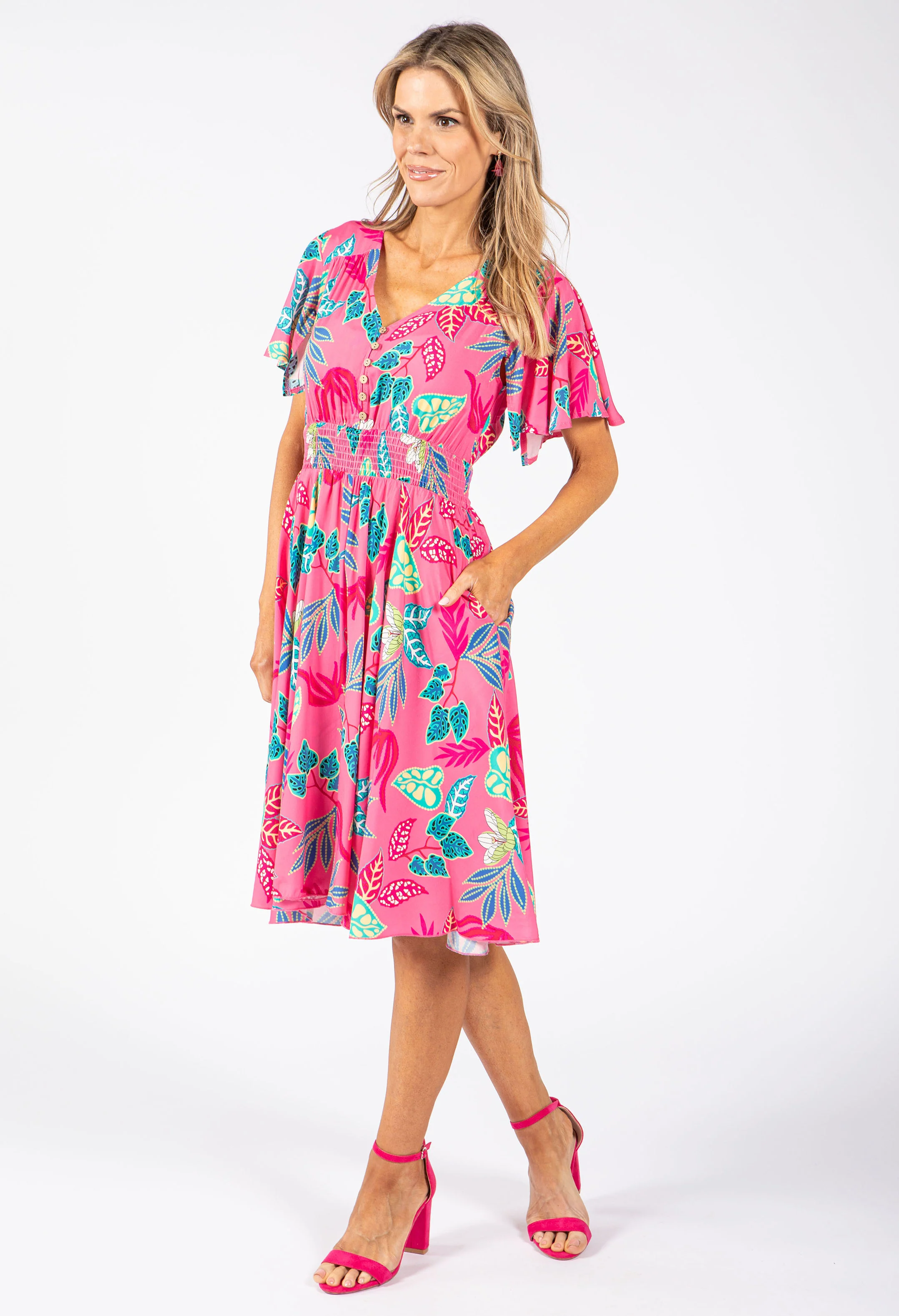 Angel Sleeve Leaf Print Dress - Image 5