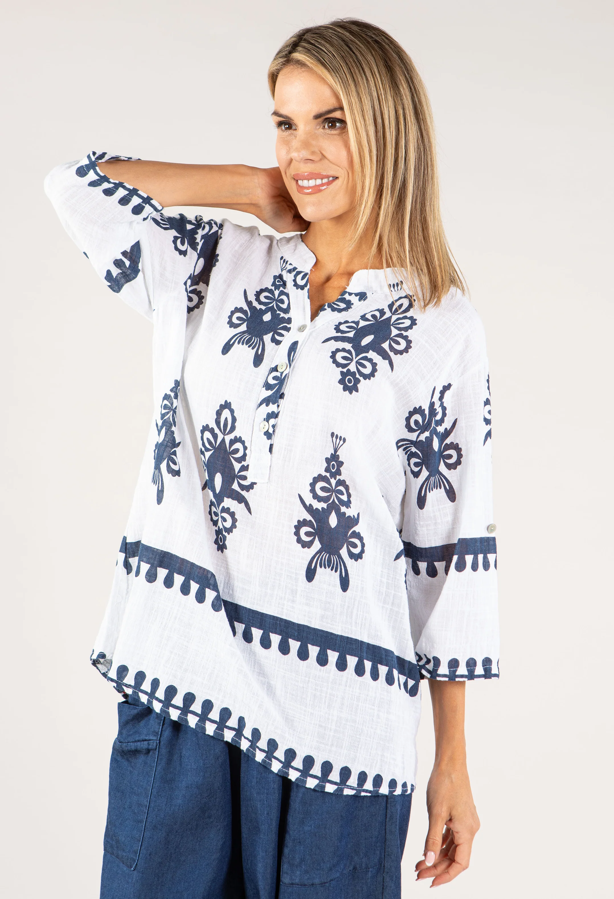 Antique Print Linen Look Blouse - Image 4