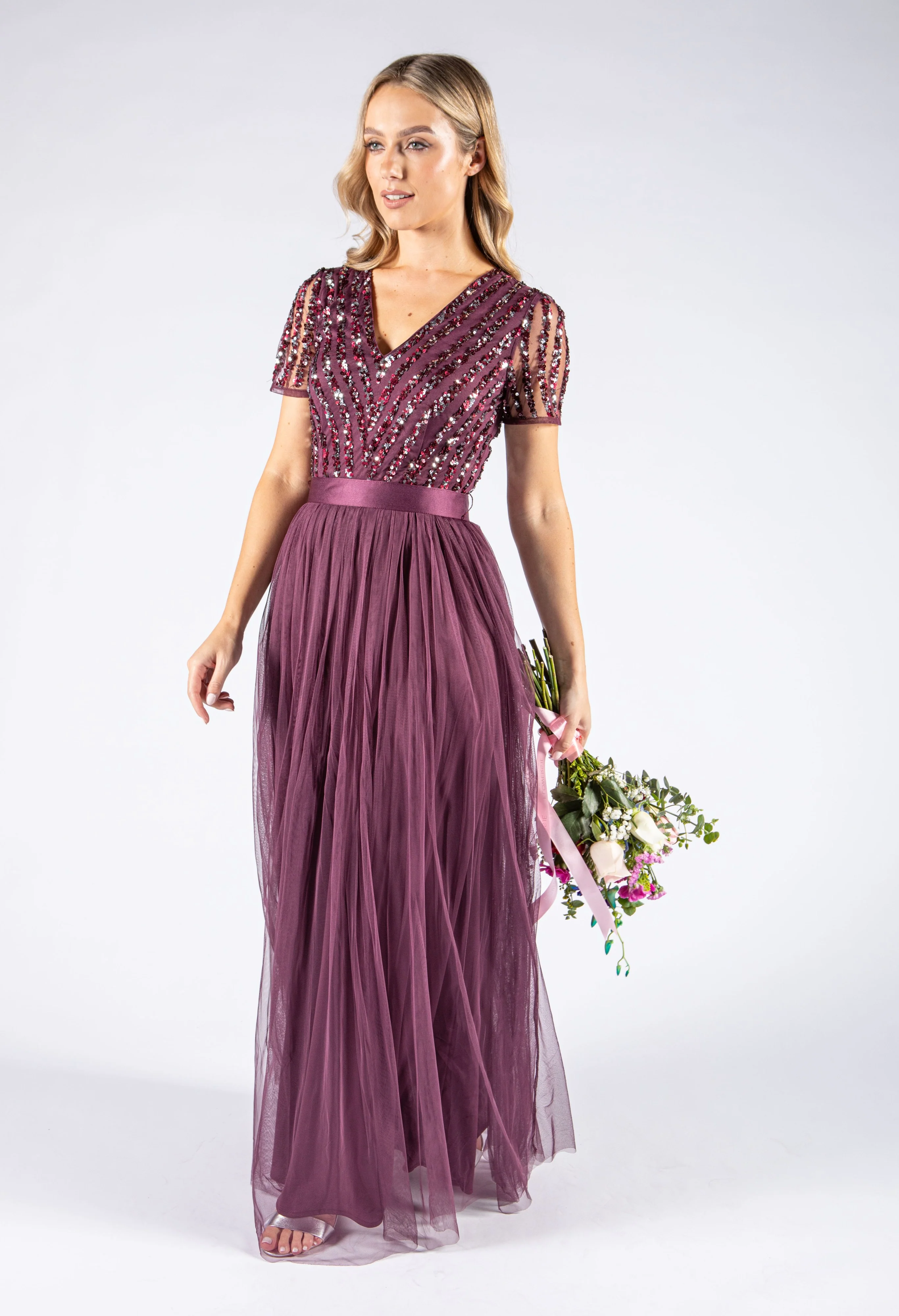 Berry V NECK SEQUIN AND TULLE DRESS WITH TIE WAIST - Image 3
