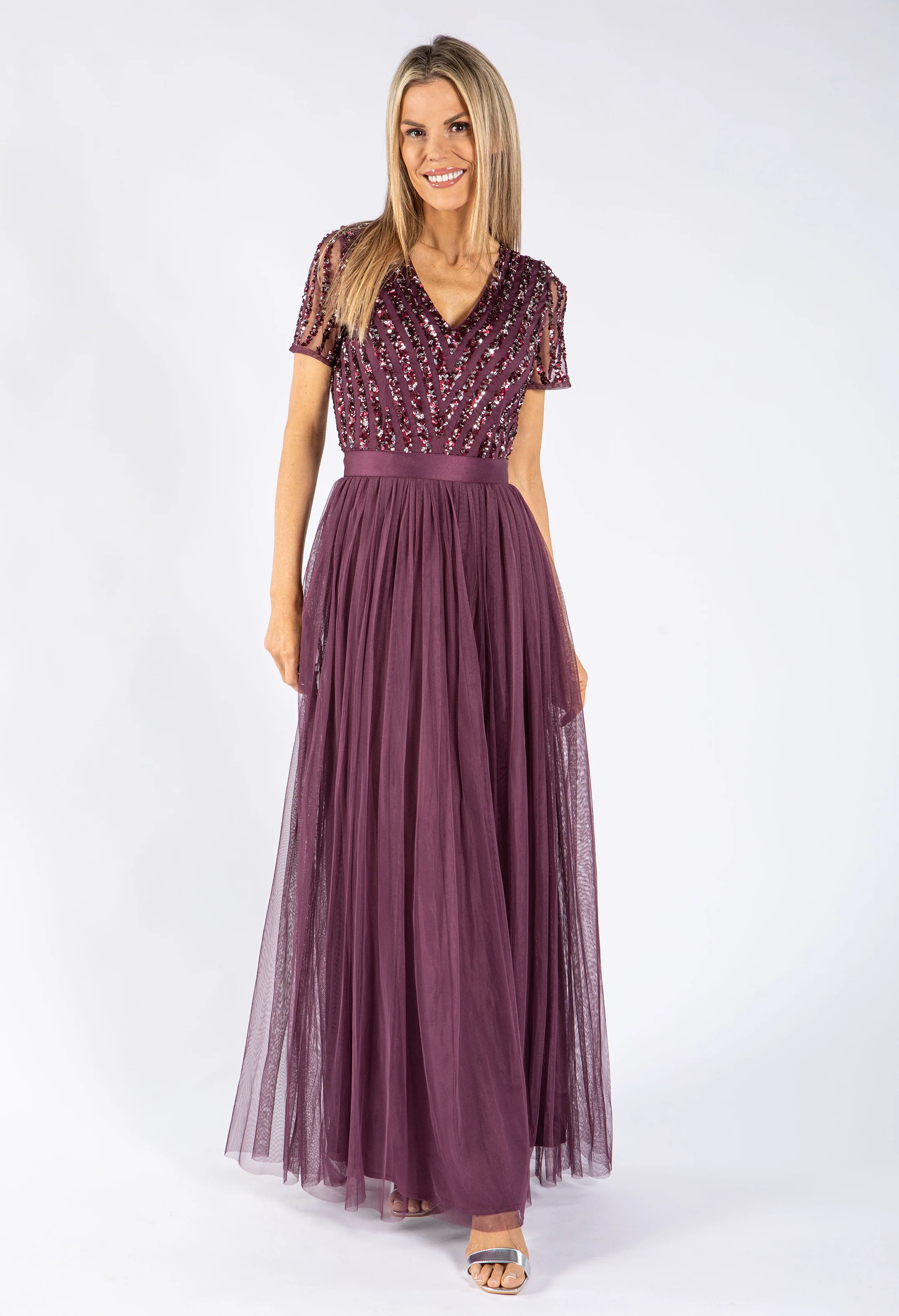 Berry V NECK SEQUIN AND TULLE DRESS WITH TIE WAIST - Image 5
