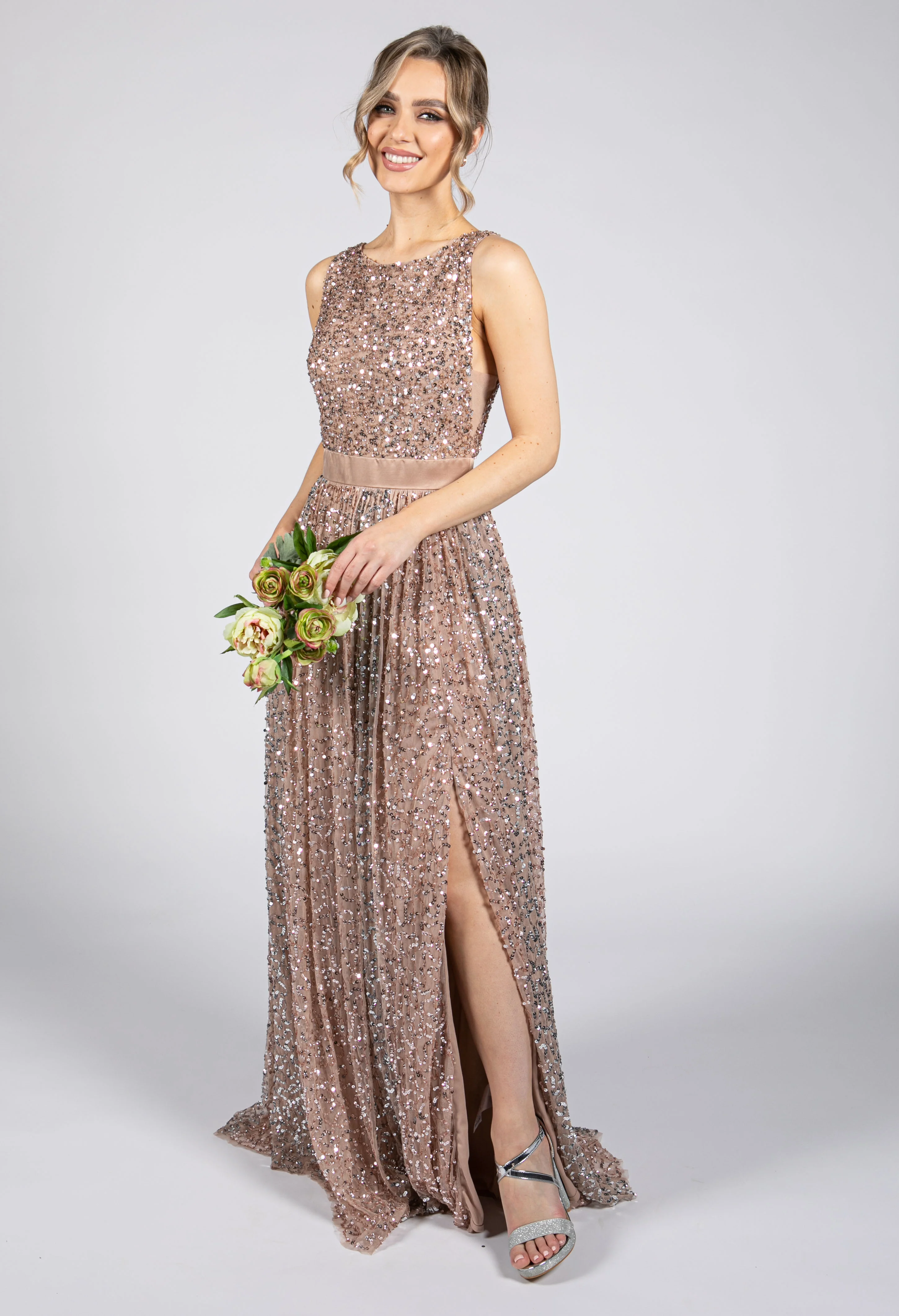 Blush Full Length Sequin Dress with Leg Slit - Image 2