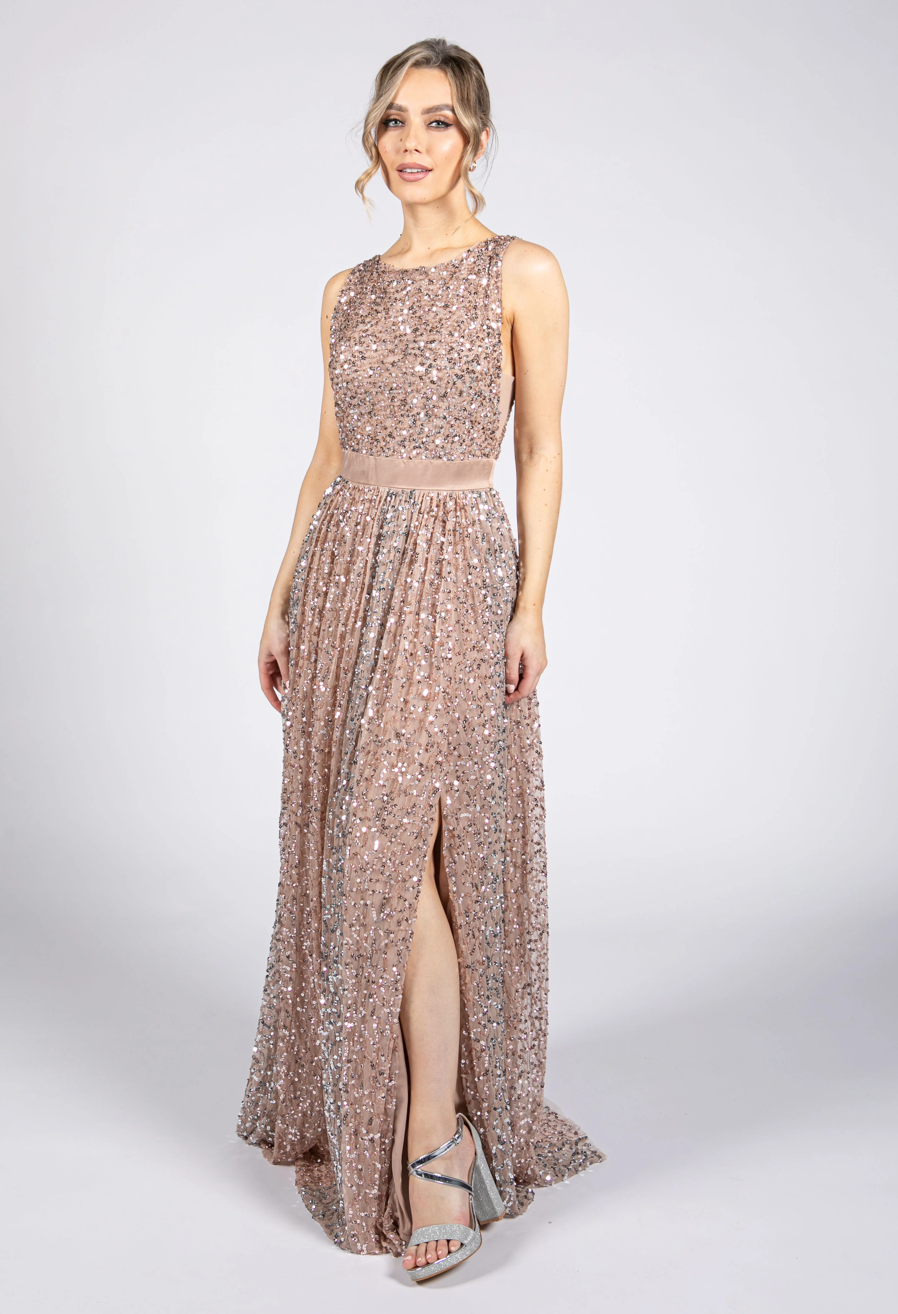 Blush Full Length Sequin Dress with Leg Slit - Image 3