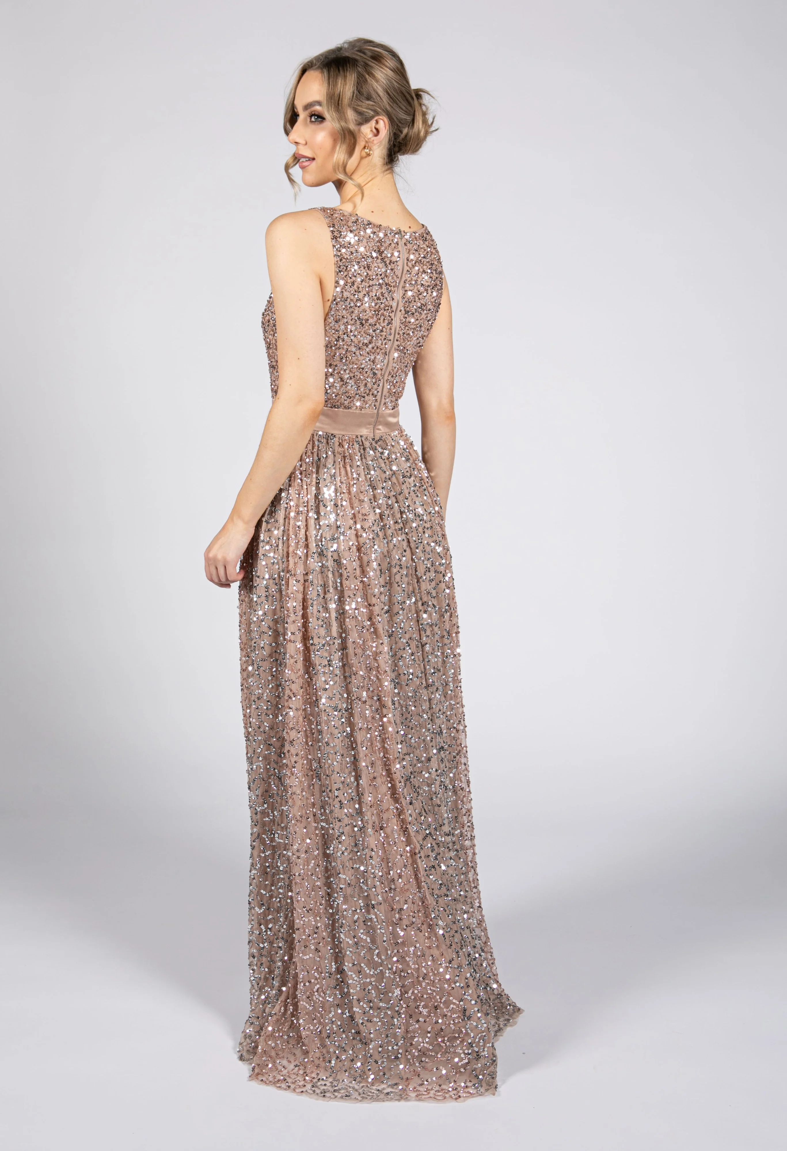 Blush Full Length Sequin Dress with Leg Slit - Image 4