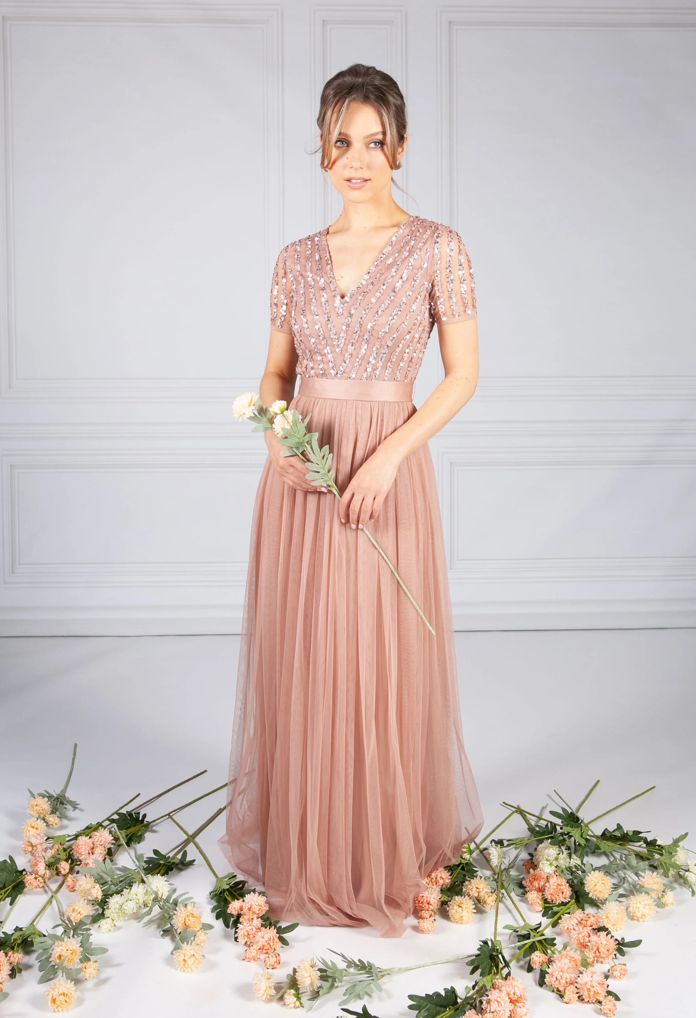 Blush V Neck Sequin and Tulle Dress with Tie Waist