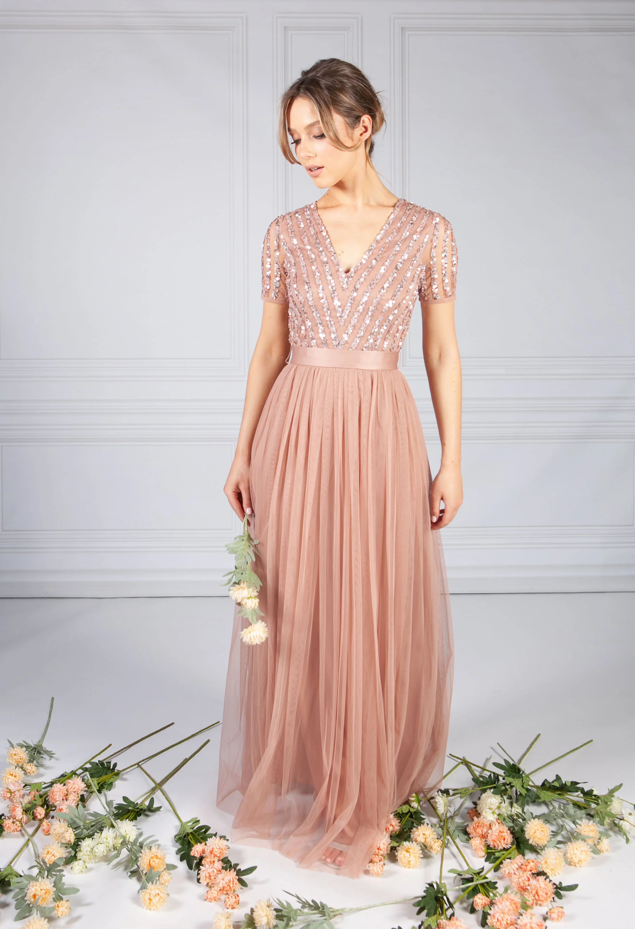Blush V Neck Sequin and Tulle Dress with Tie Waist - Image 2