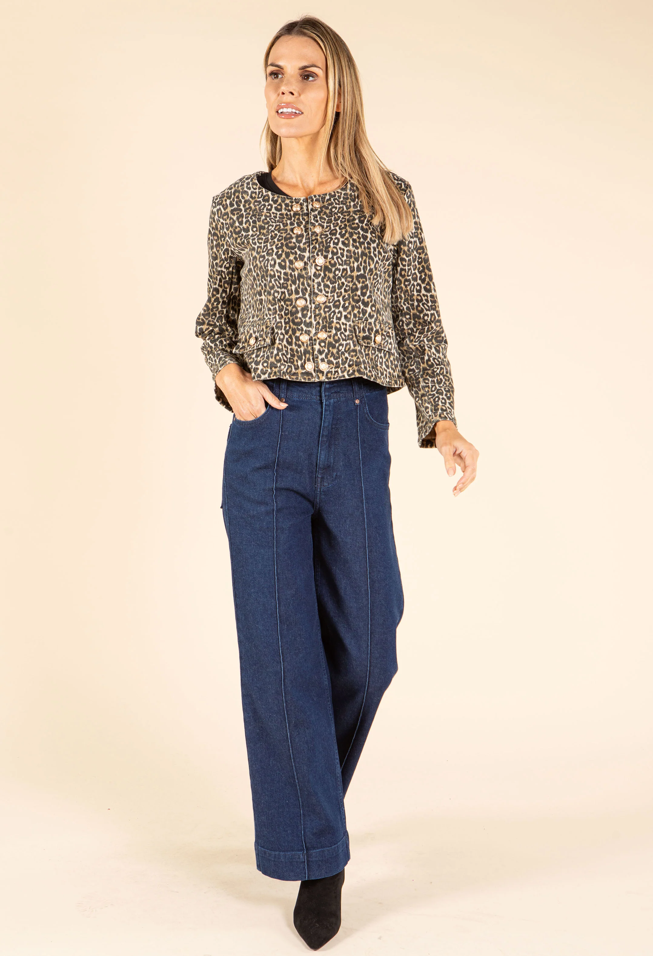 Cropped Leopard Denim Jacket