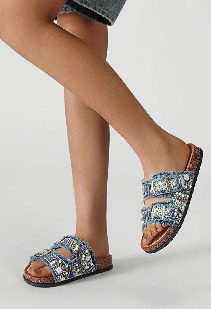 Denim Beaded Double Strap Sandal
