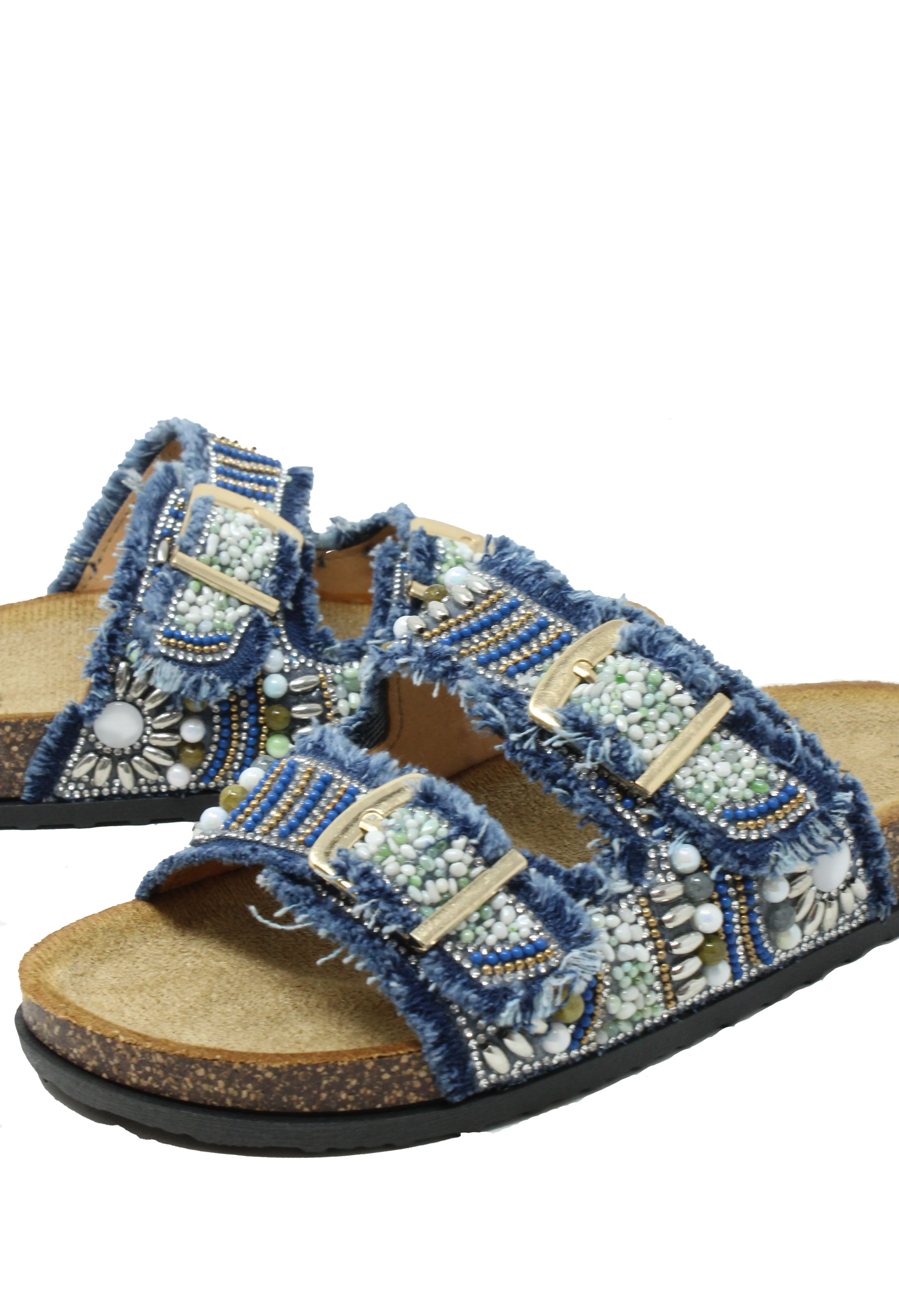 Denim Beaded Double Strap Sandal - Image 5