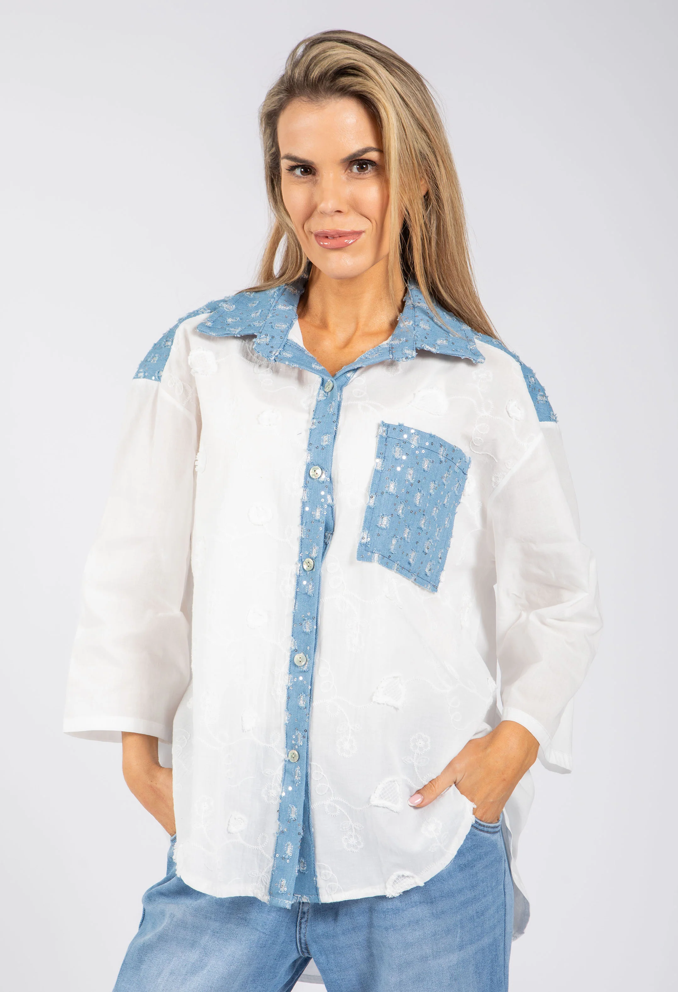 Denim Detail Floral Shirt - Image 2