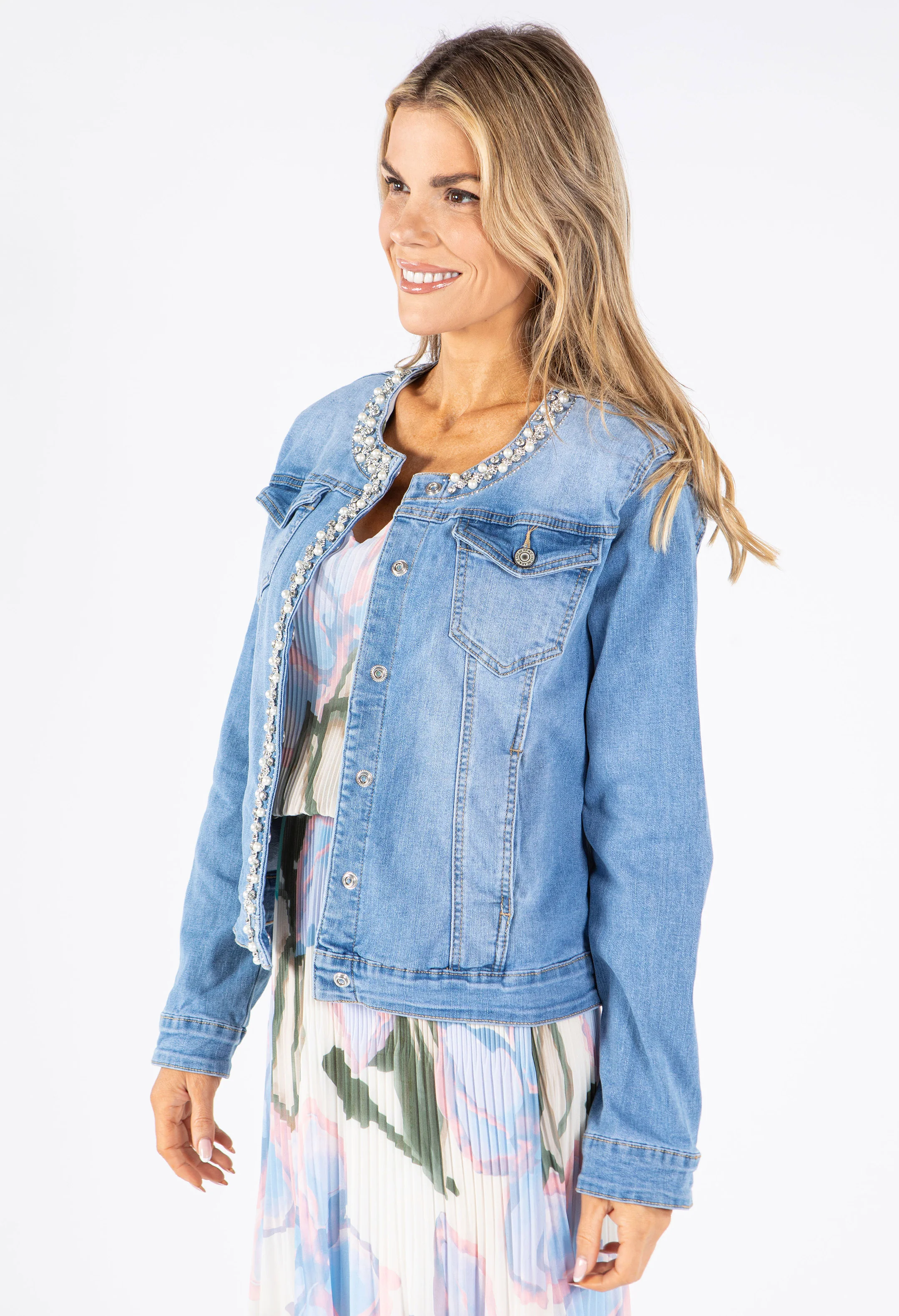 Diamond & Pearl Trim Denim Jacket - Image 5