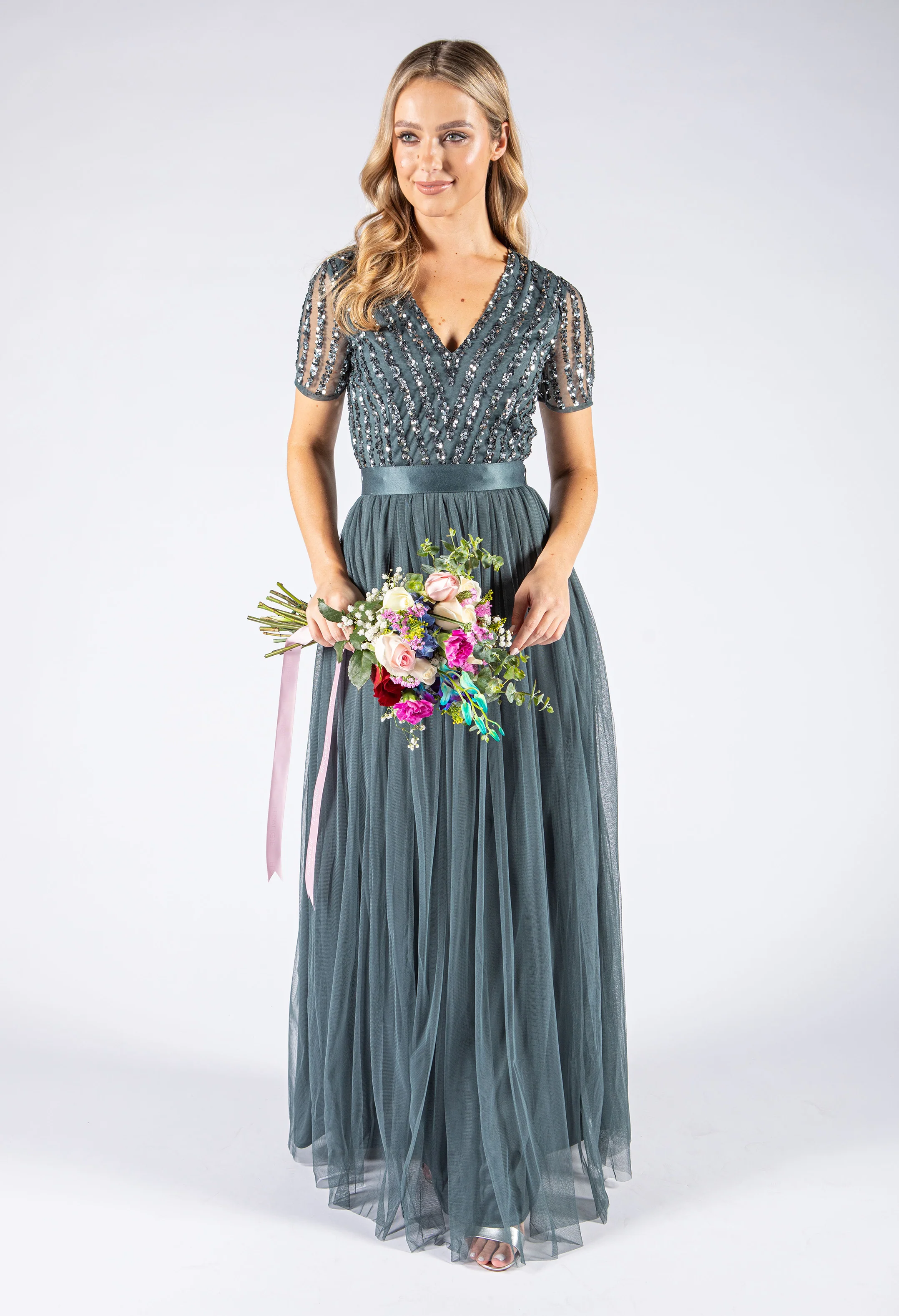 V Neck Sequin and Tulle Dress with Tie Waist - Image 2