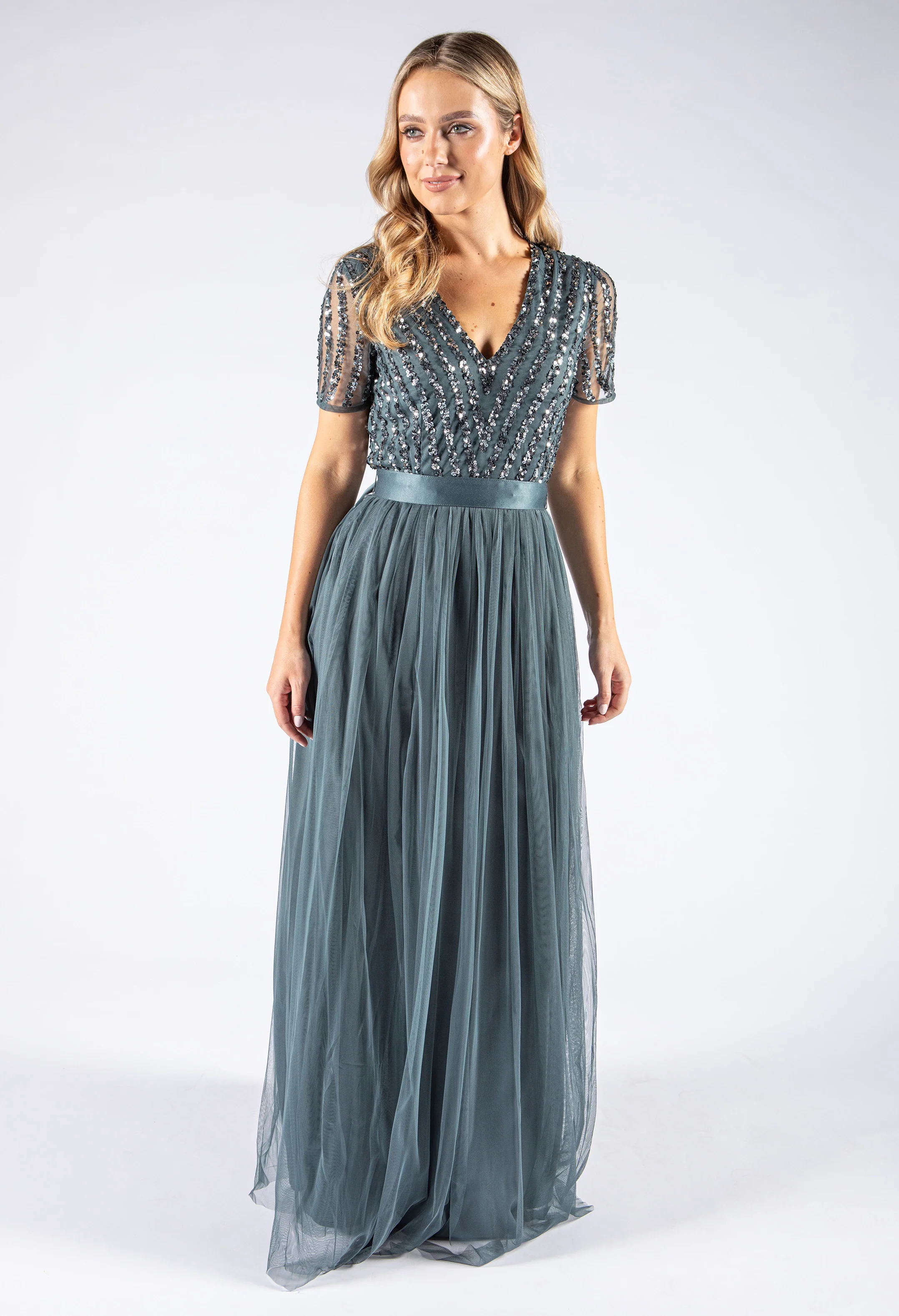 V Neck Sequin and Tulle Dress with Tie Waist - Image 3