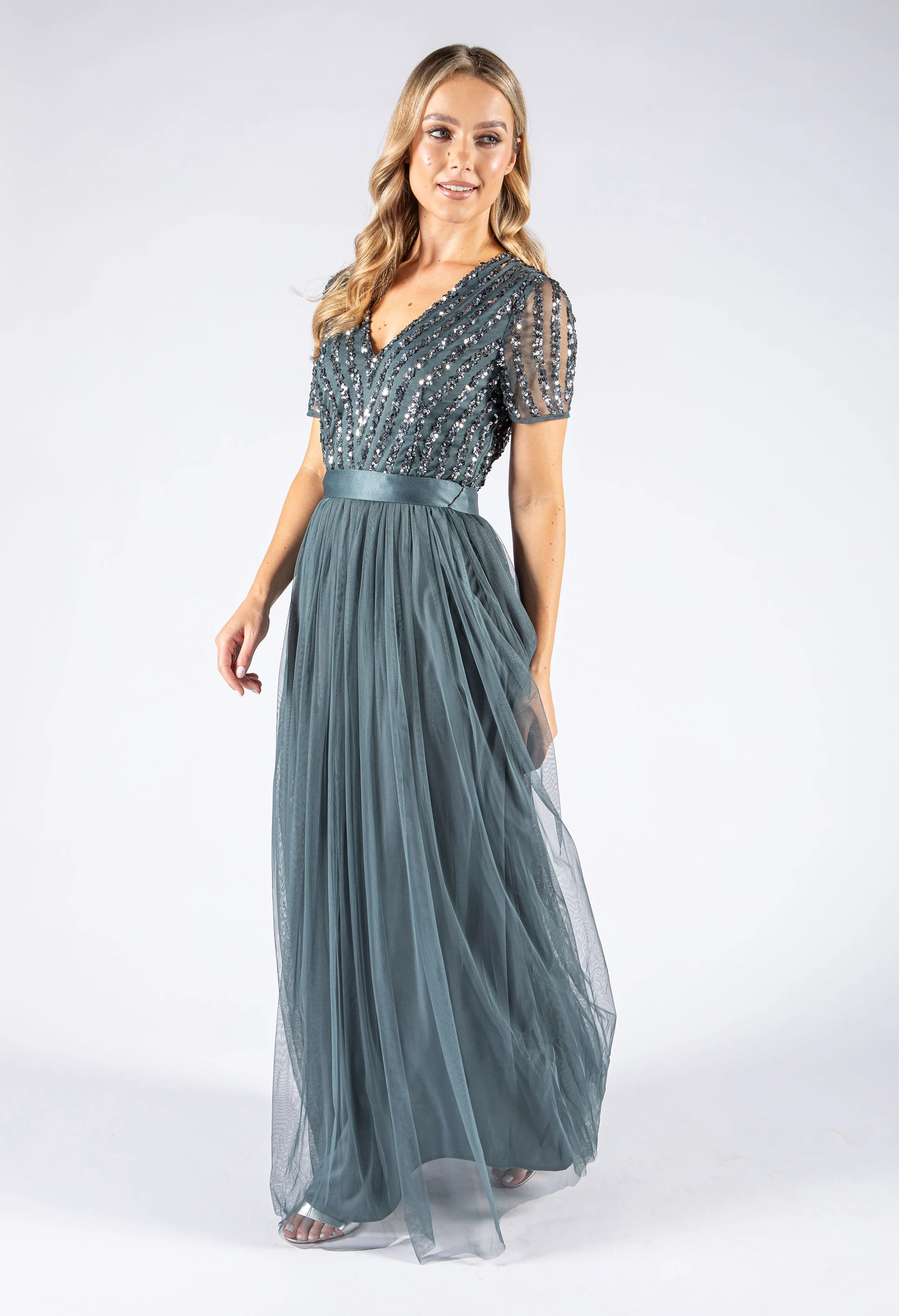 V Neck Sequin and Tulle Dress with Tie Waist - Image 4
