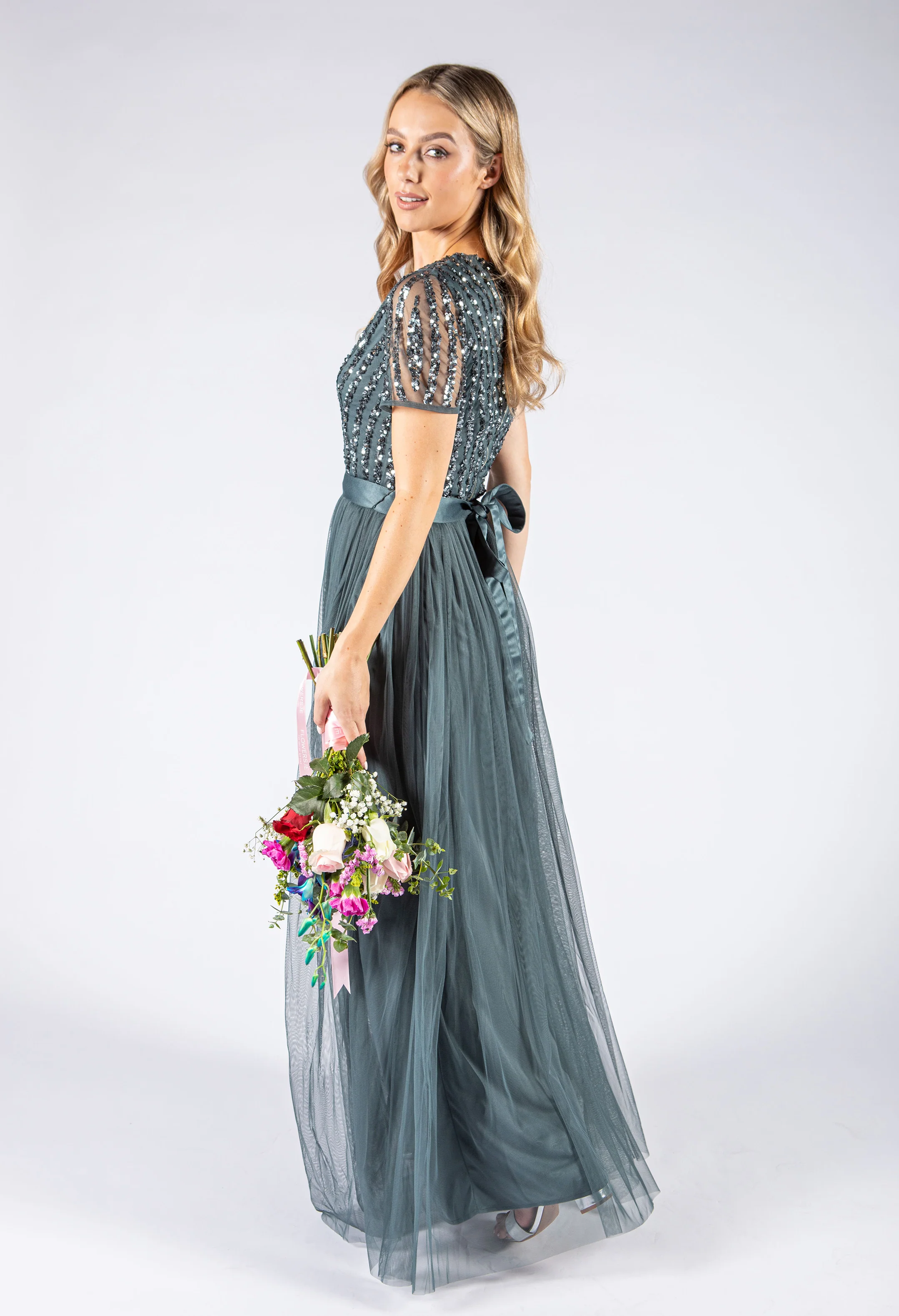 V Neck Sequin and Tulle Dress with Tie Waist - Image 5