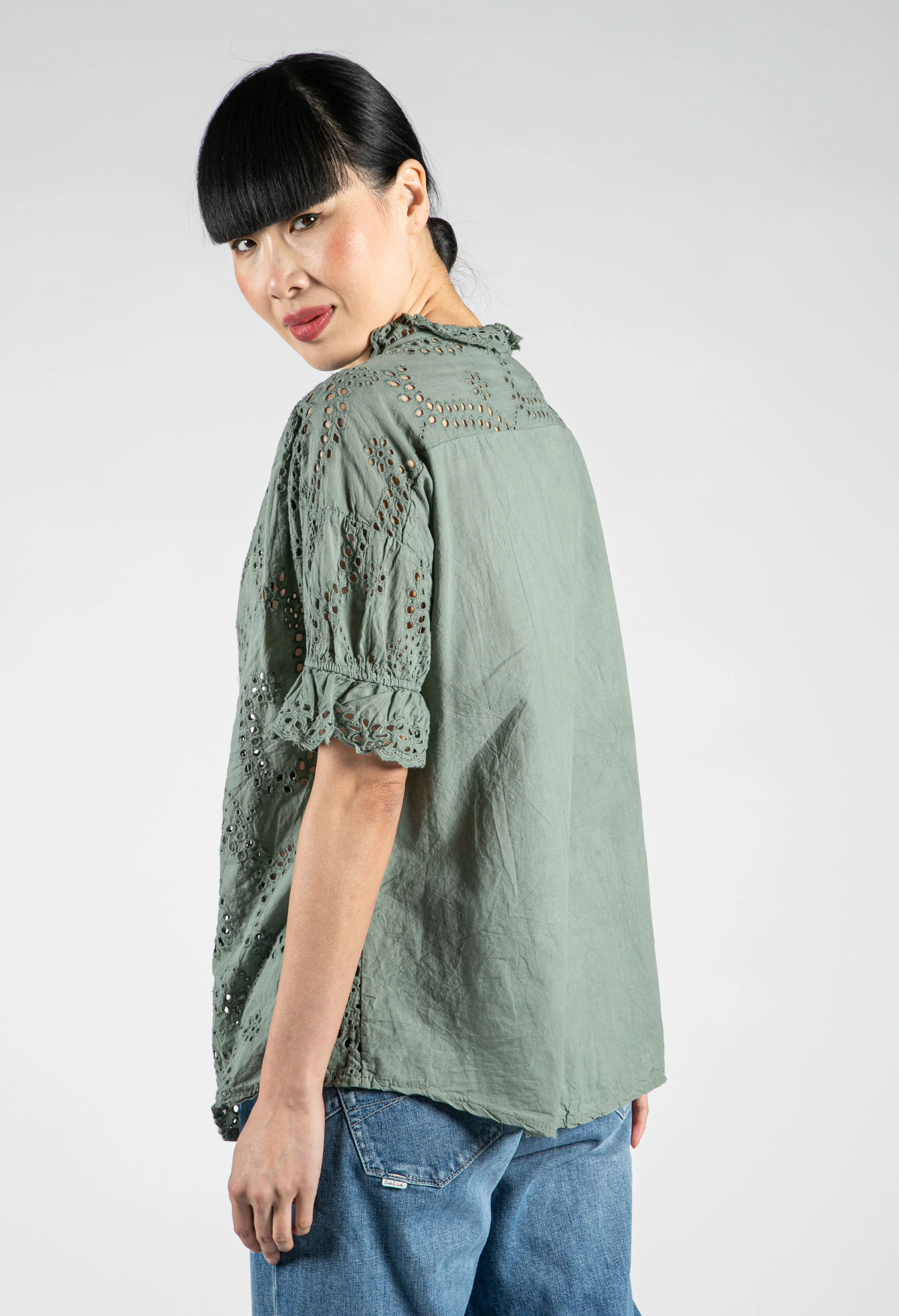Embroidered Tie Hem Blouse in Khaki - Image 3