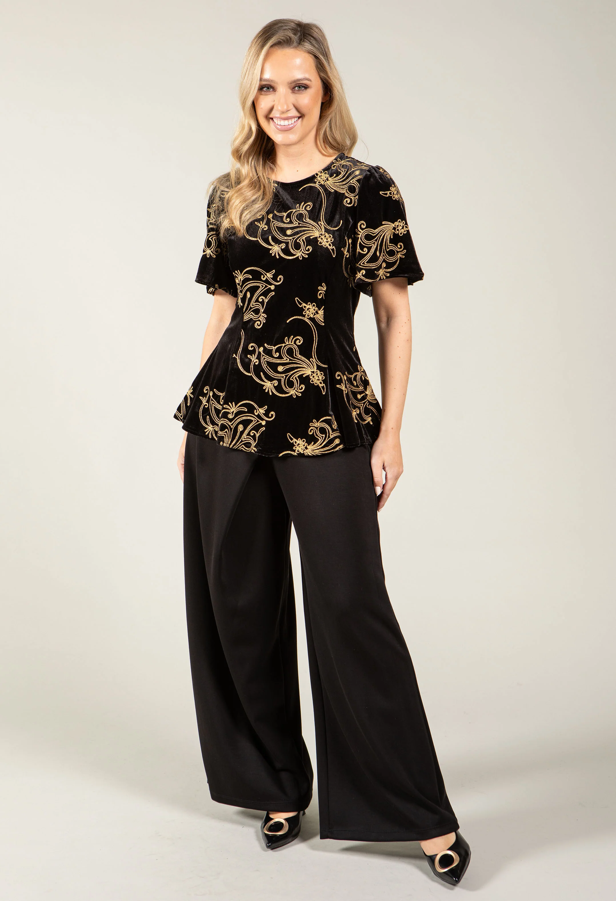 Embroidered Velvet Peplum Top - Image 5