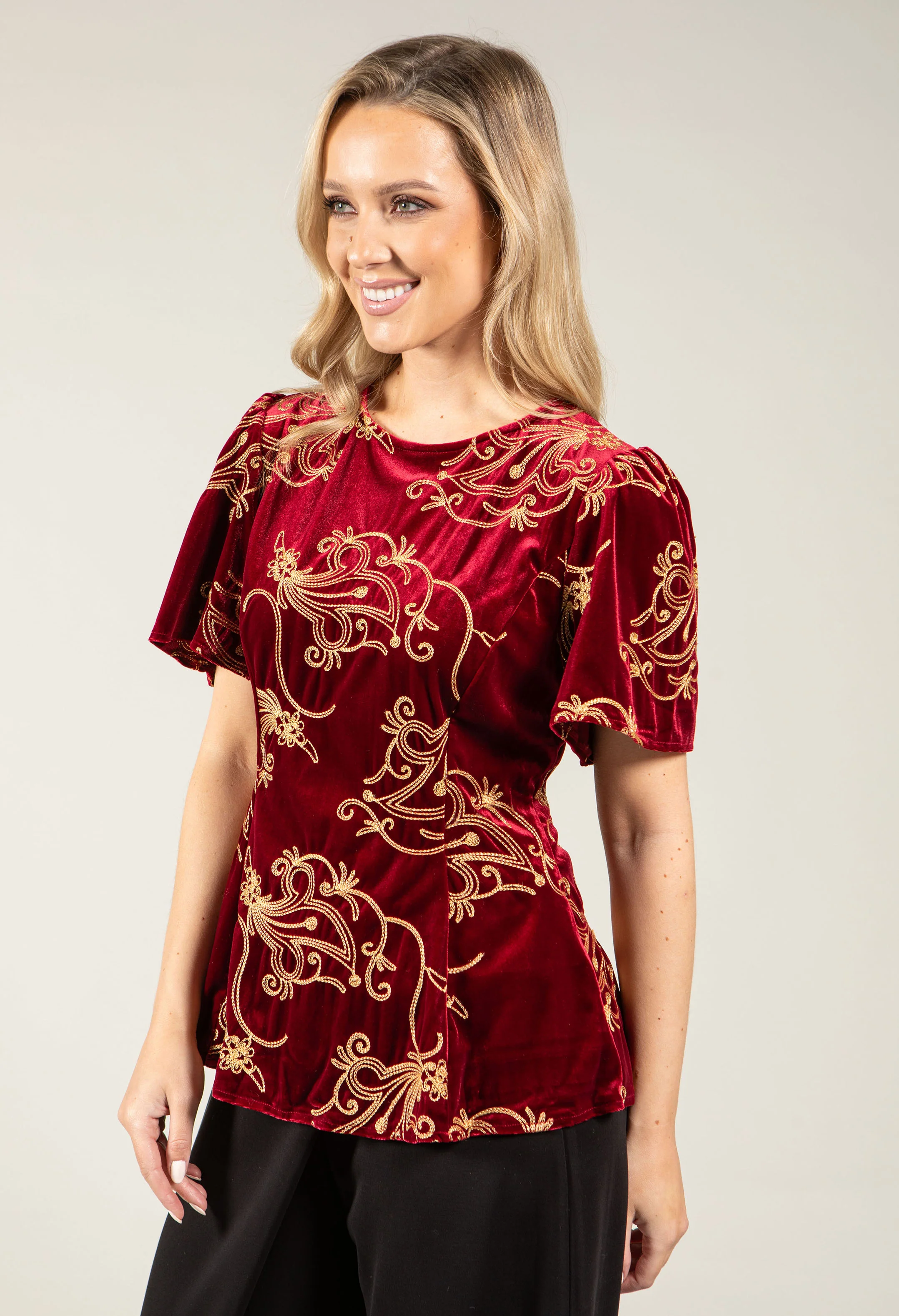 Embroidered Velvet Peplum Top - Image 9