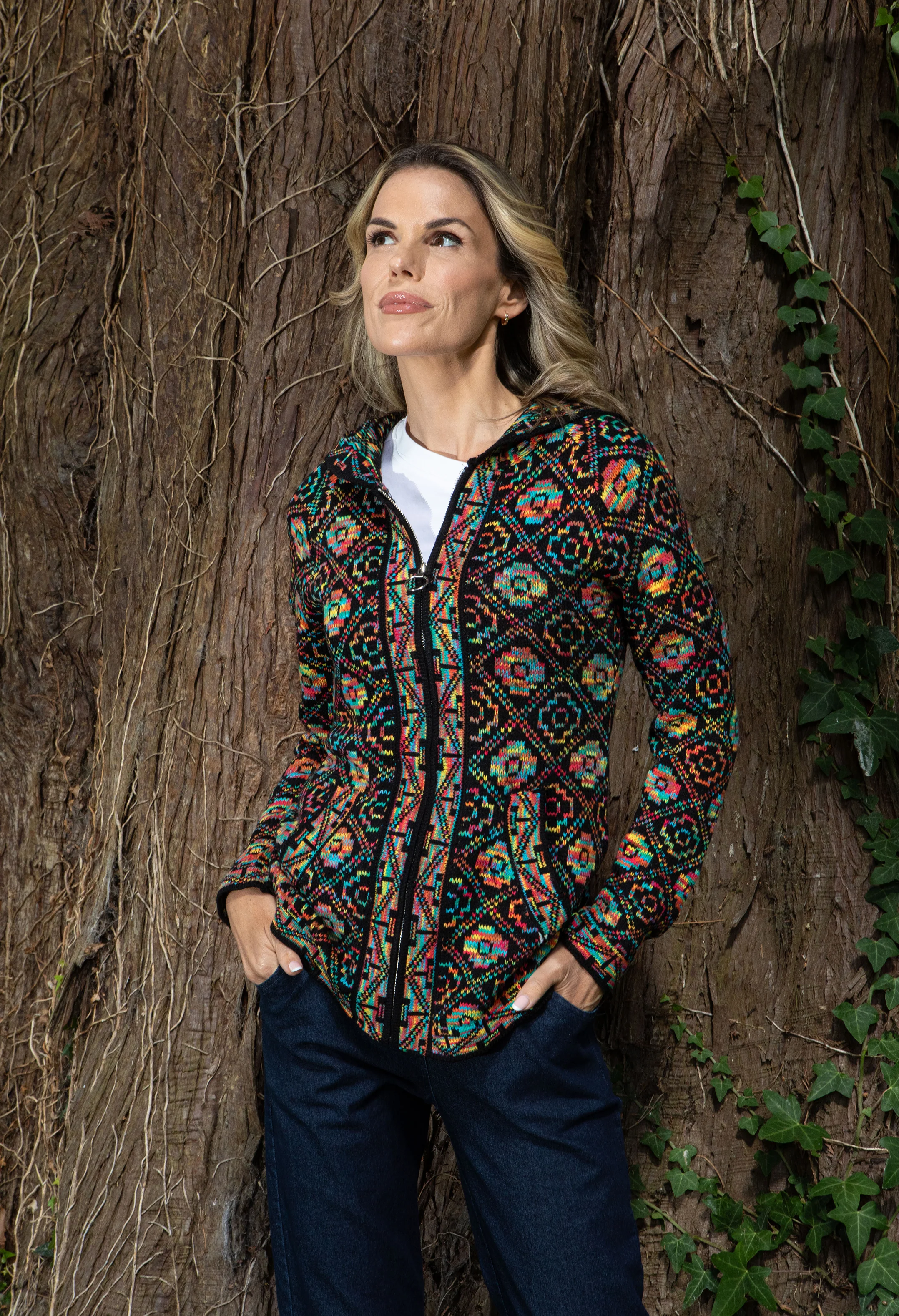 Ethnic Design Hooded Knit Cardigan