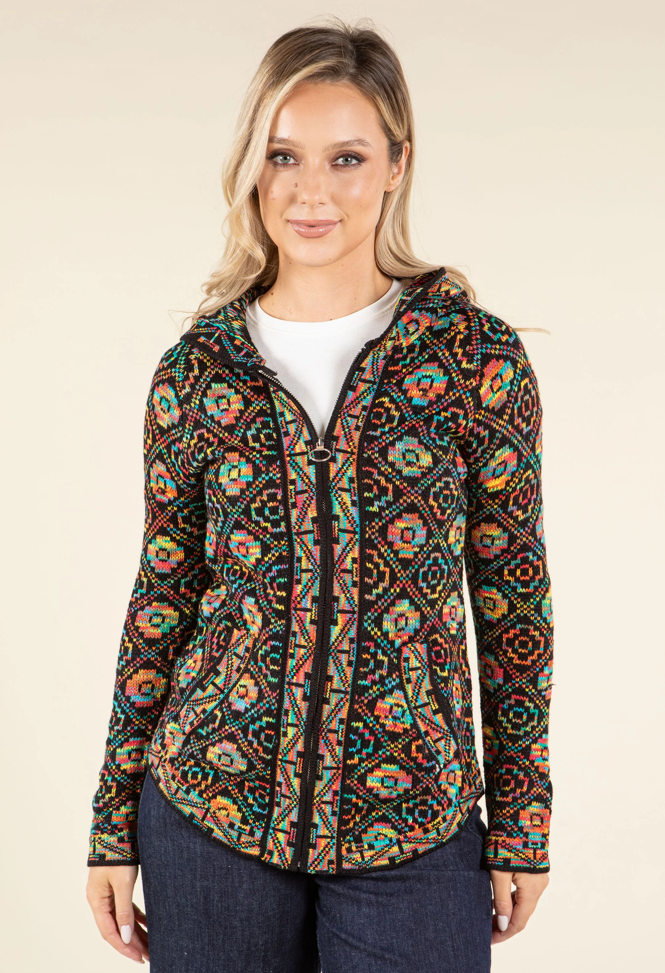 Ethnic Design Hooded Knit Cardigan - Image 2