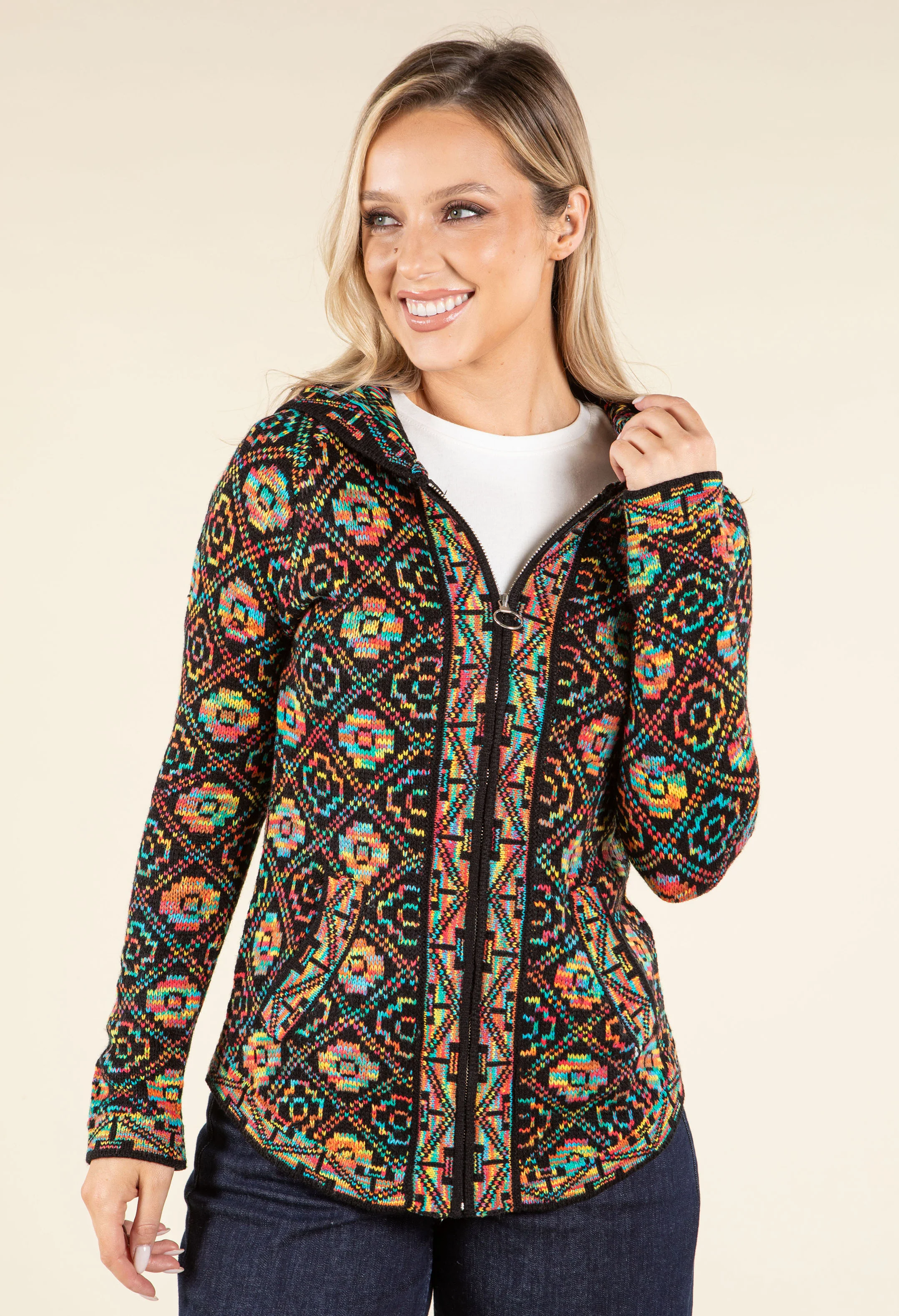 Ethnic Design Hooded Knit Cardigan - Image 3