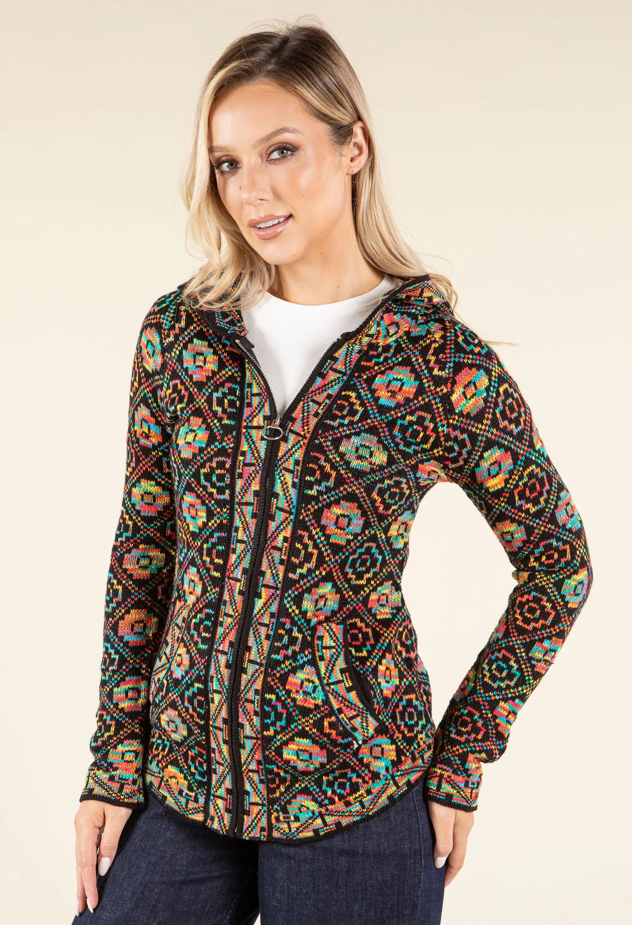 Ethnic Design Hooded Knit Cardigan - Image 4