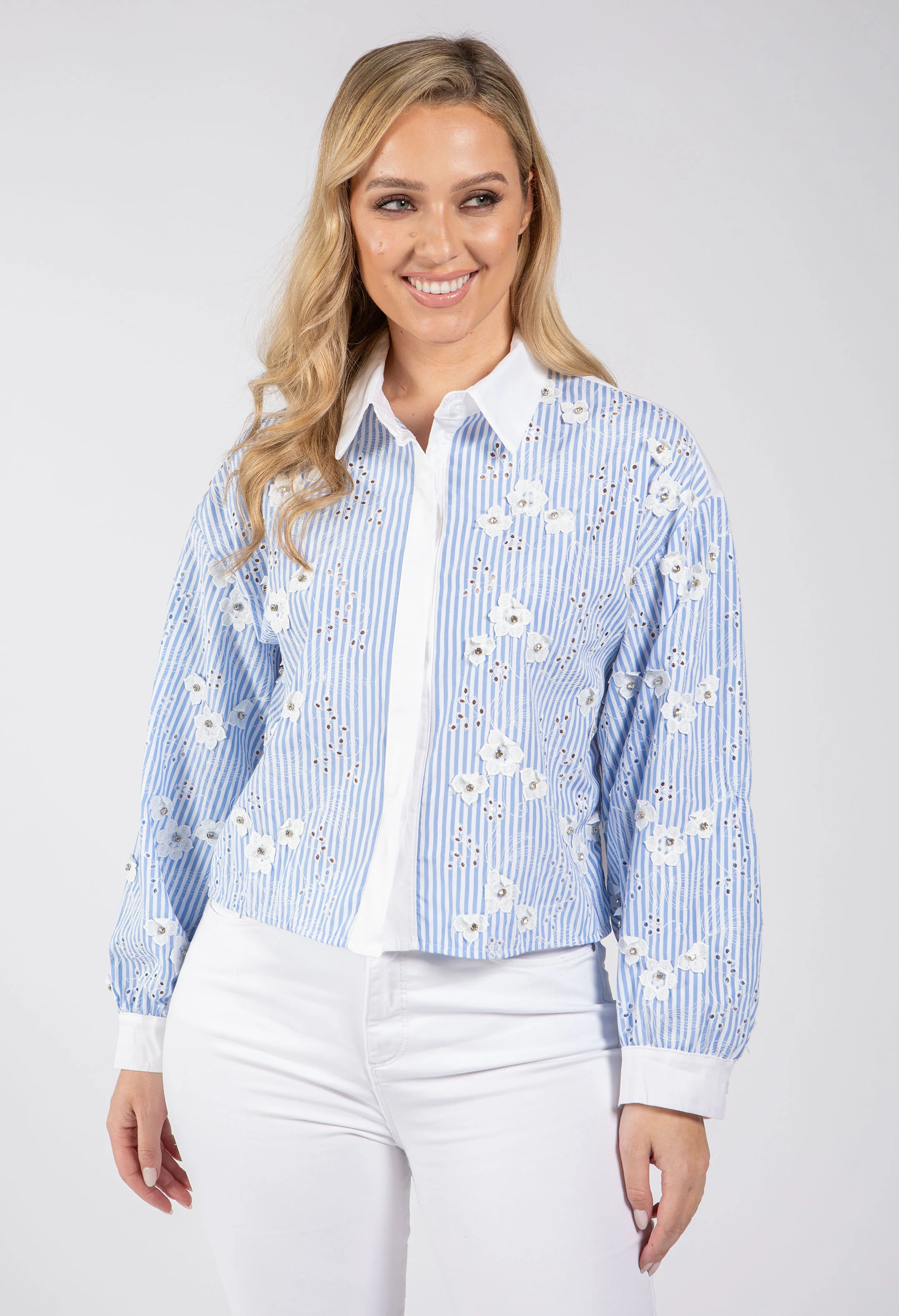Floral Diamante Detail Striped Shirt - Image 2