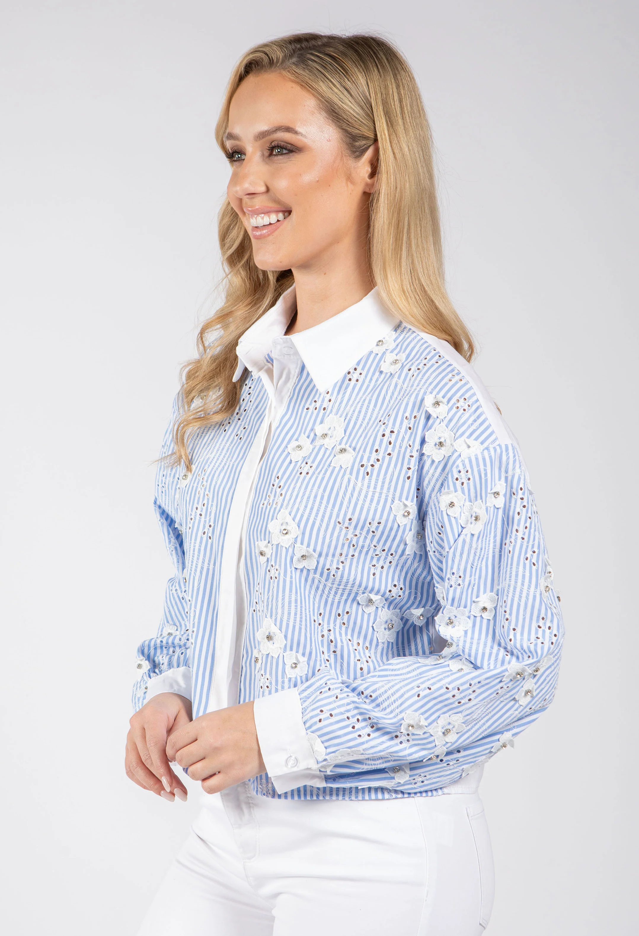 Floral Diamante Detail Striped Shirt - Image 5