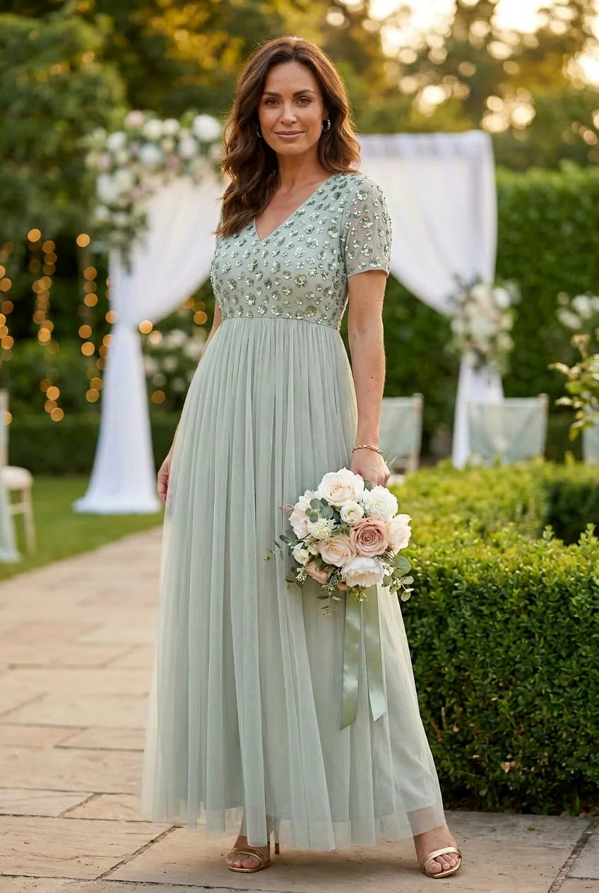Floral Embellished Short Sleeve Maxi Dress