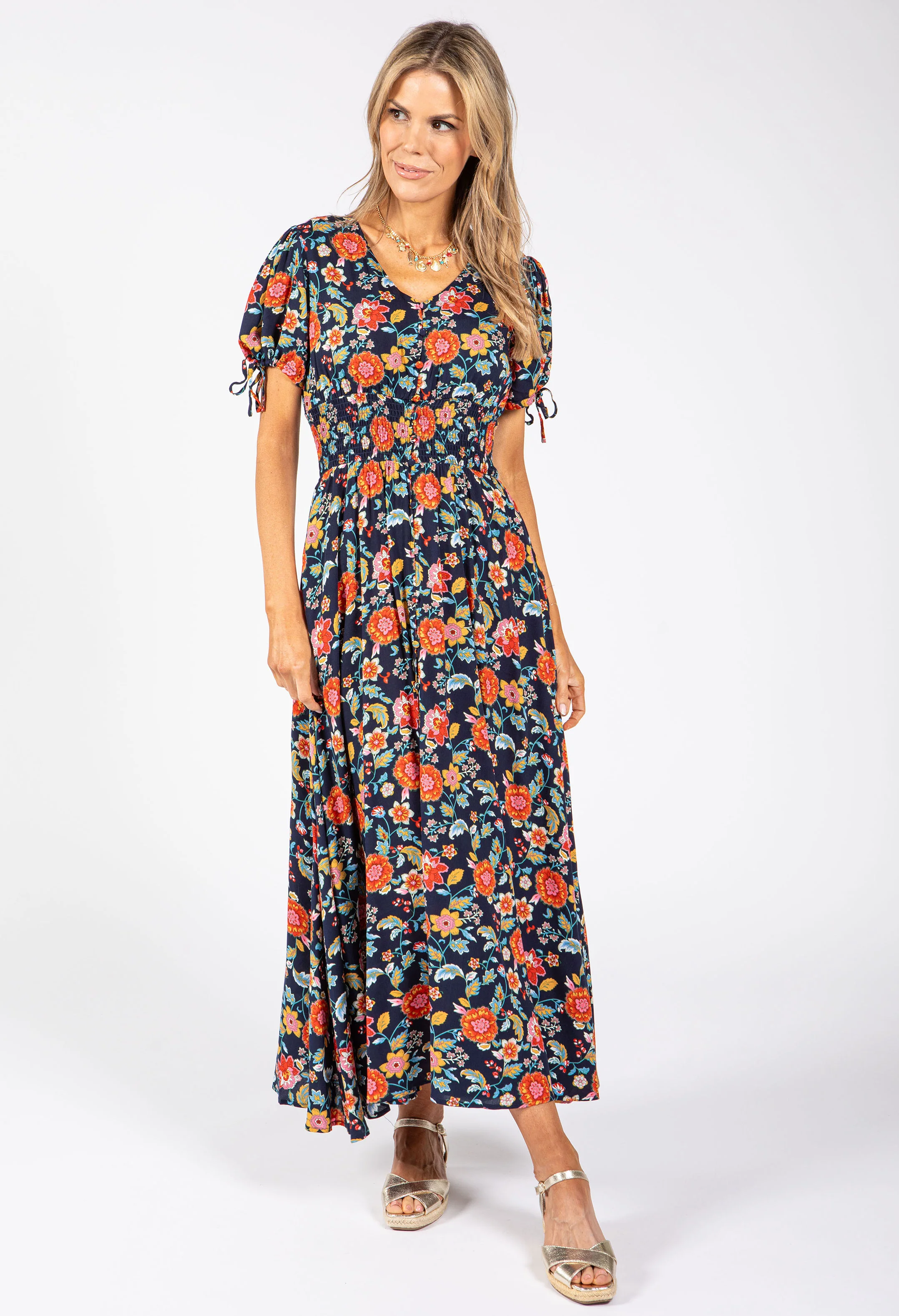Floral Print Buttoned Midi Dress - Image 3