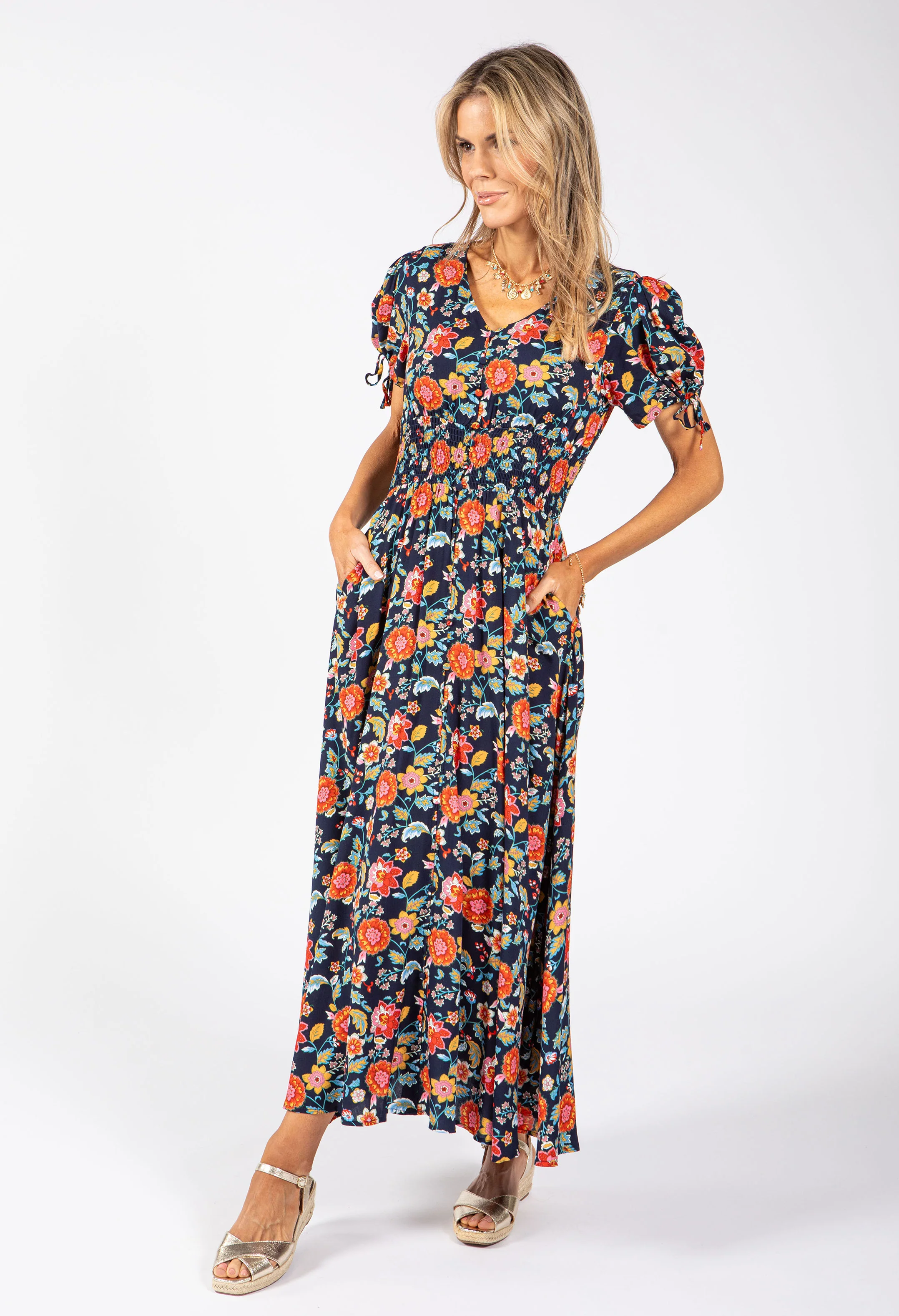 Floral Print Buttoned Midi Dress - Image 4