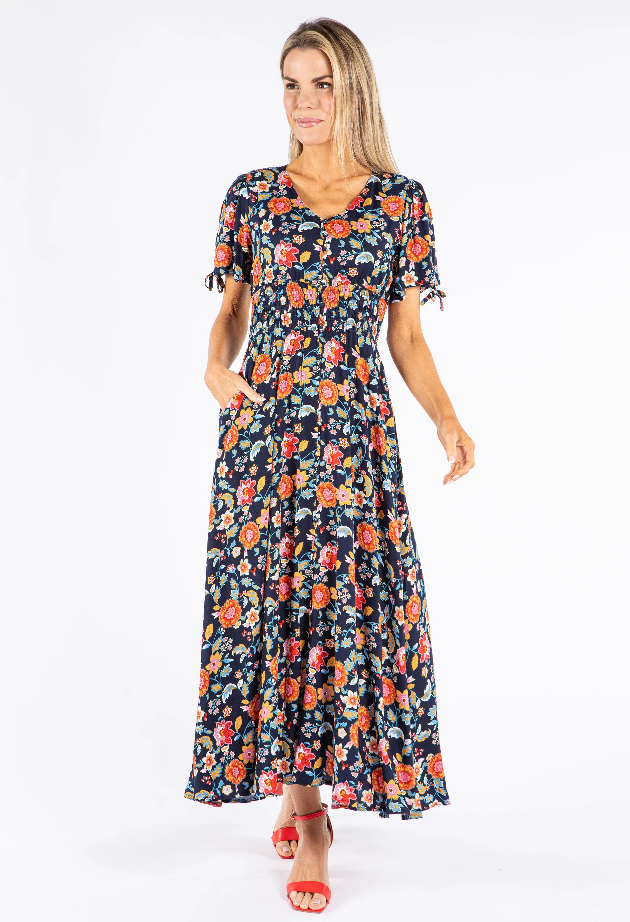Floral Print Buttoned Midi Dress - Image 3