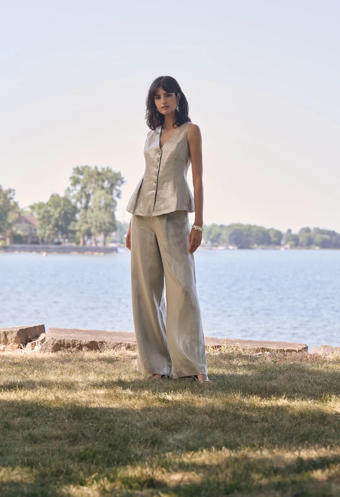 Foiled Linen Pull-on Wide Leg Trousers