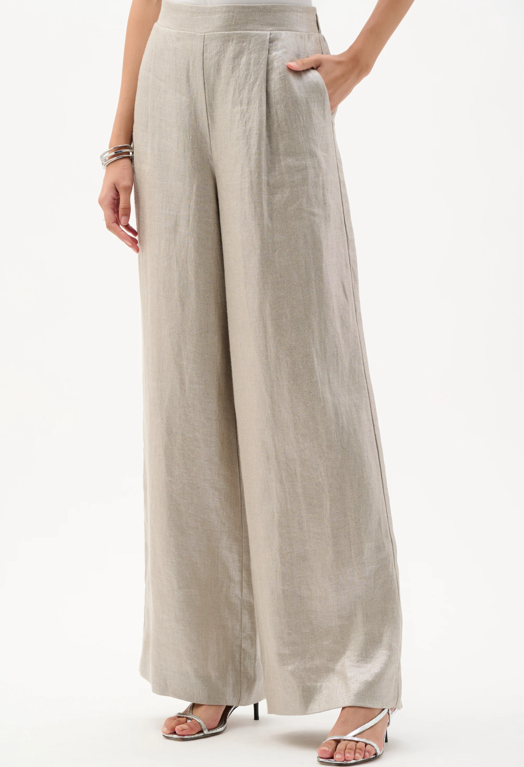 Foiled Linen Pull-on Wide Leg Trousers - Image 2