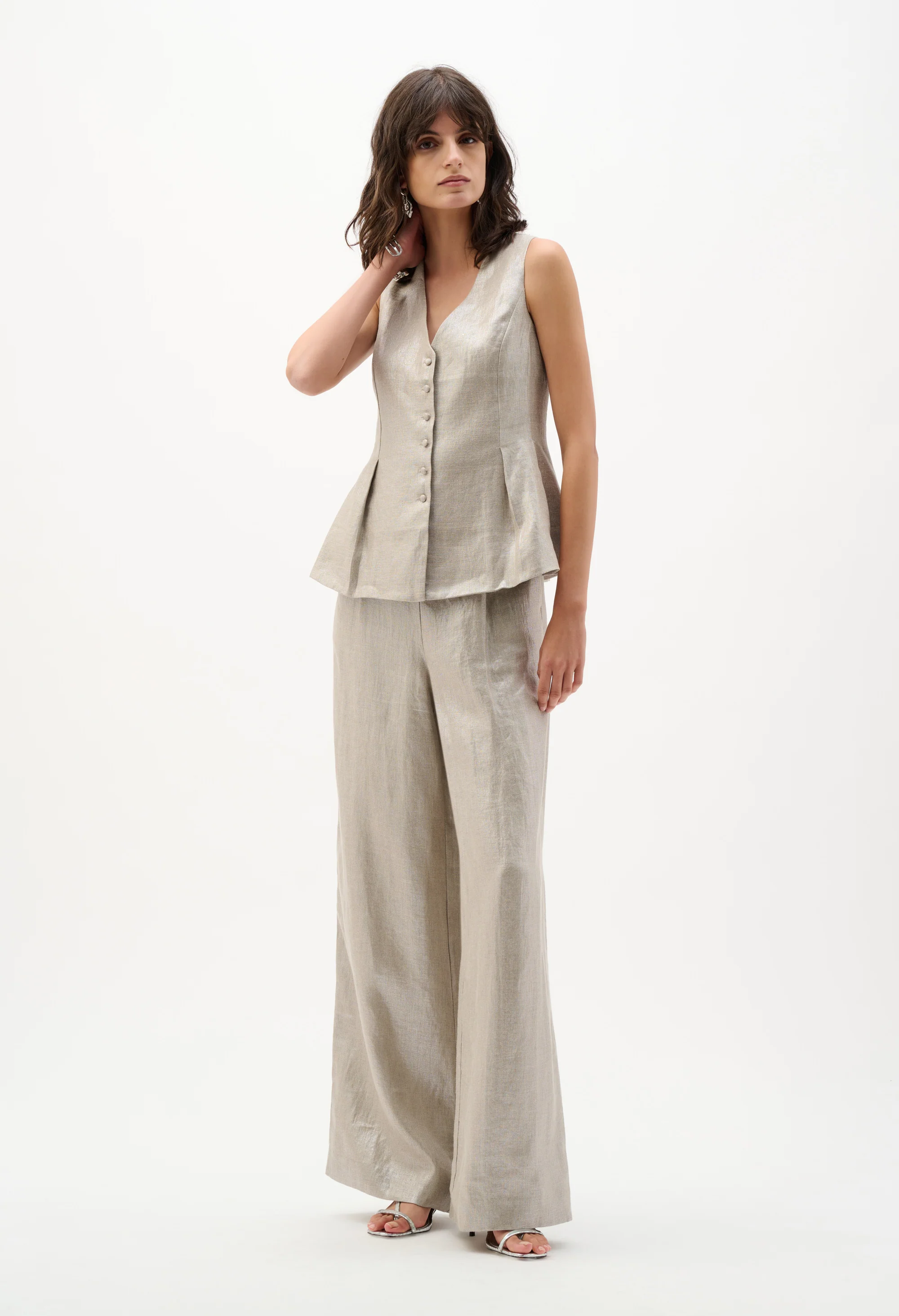 Foiled Linen Pull-on Wide Leg Trousers - Image 5