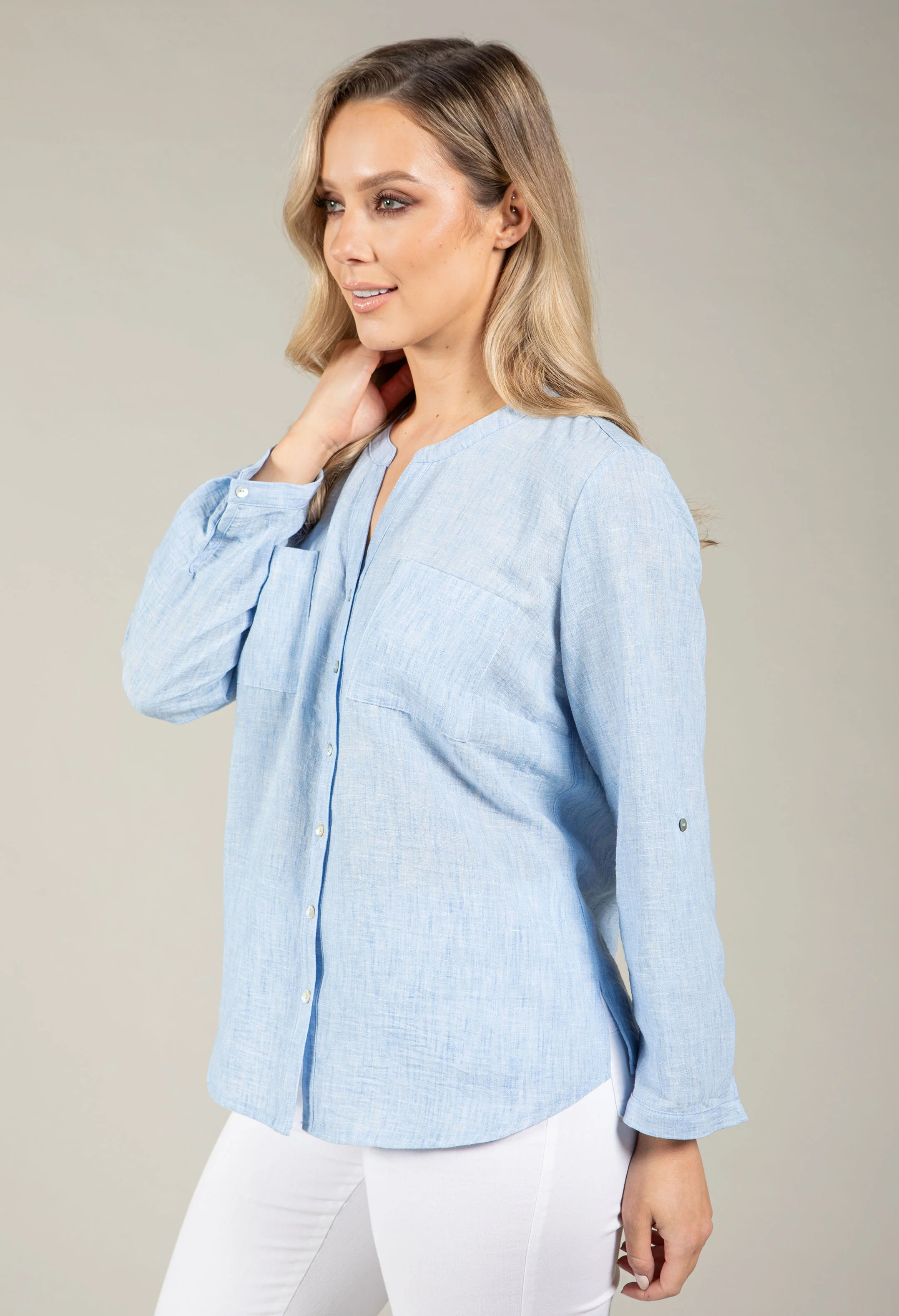 Front Pocket Linen Look Blouse - Image 13