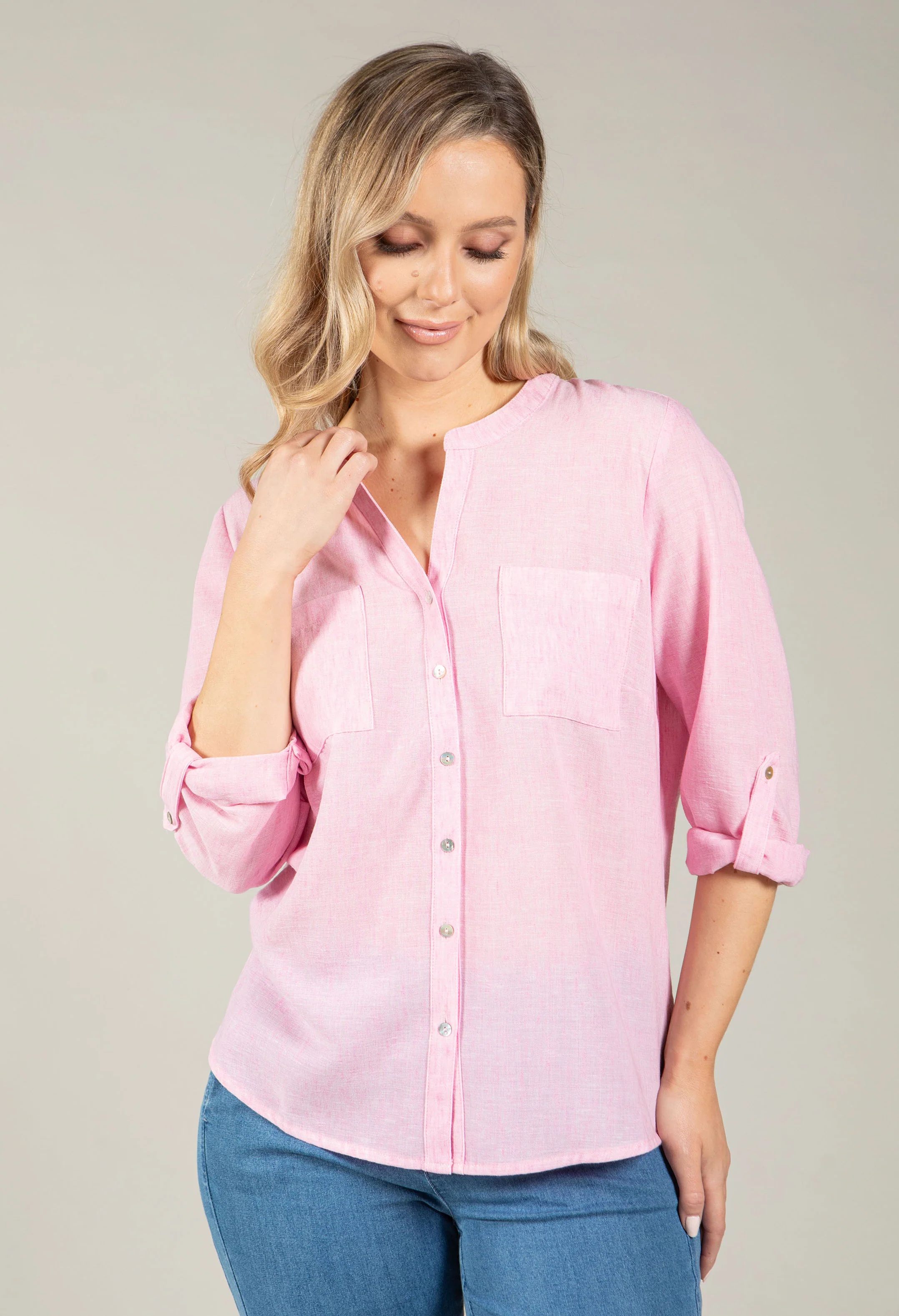 Front Pocket Linen Look Blouse - Image 5