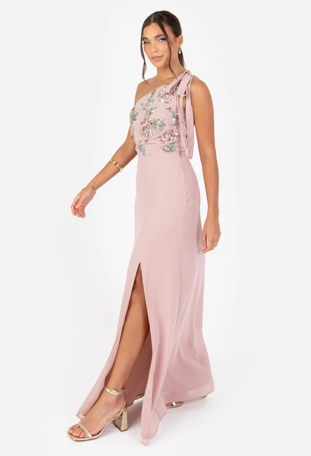Floral Embellished Self-Tie One Shoulder Maxi Dress - Image 2