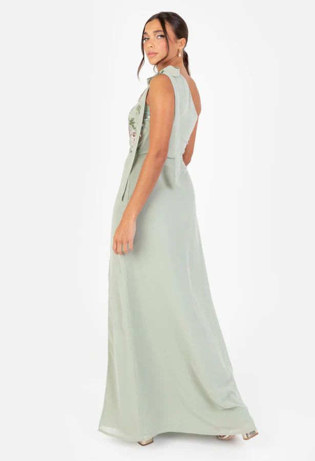 Floral Embellished Self-Tie One Shoulder Maxi Dress - Image 9