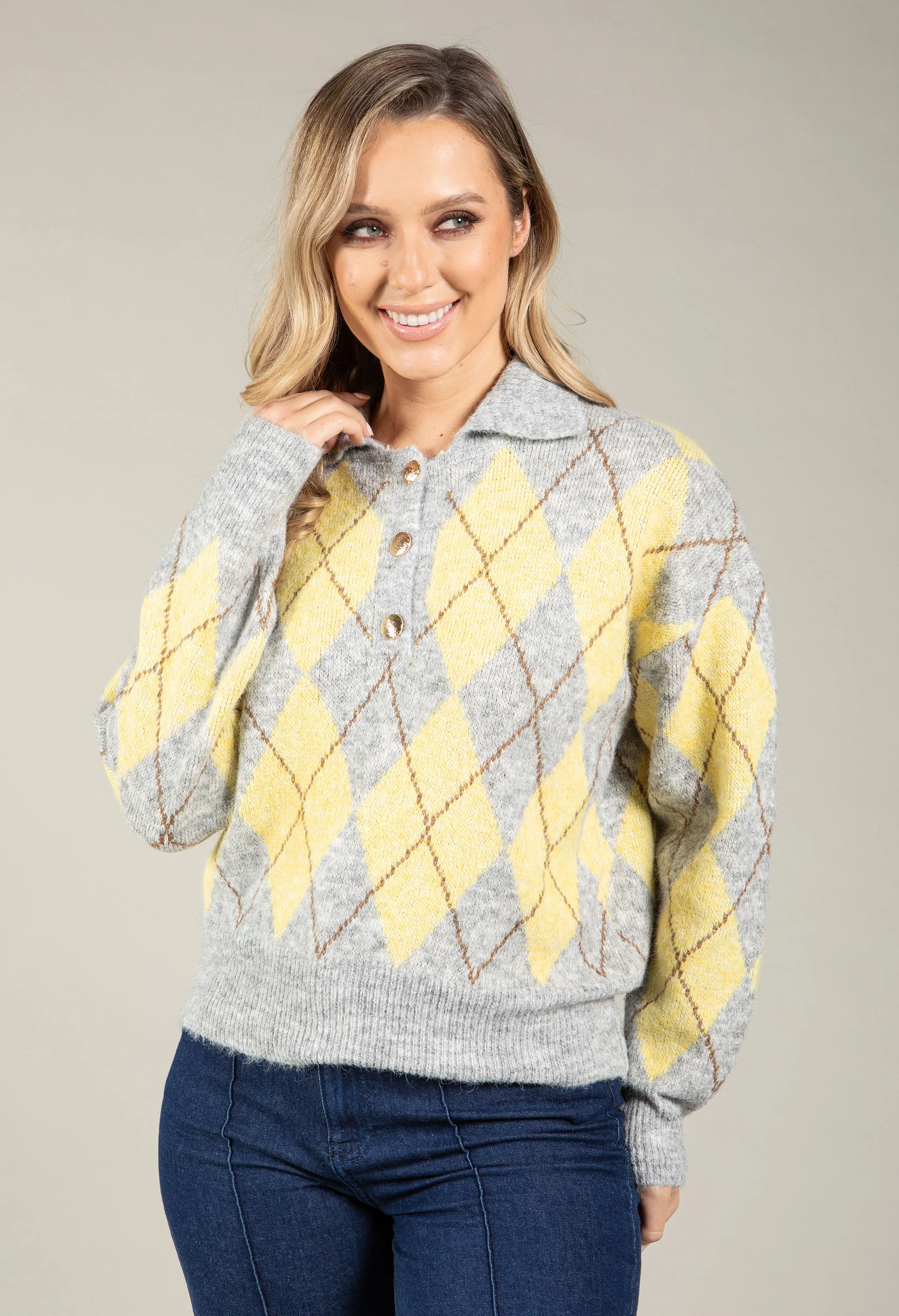 Gold Button Argyle Knit Jumper - Image 10