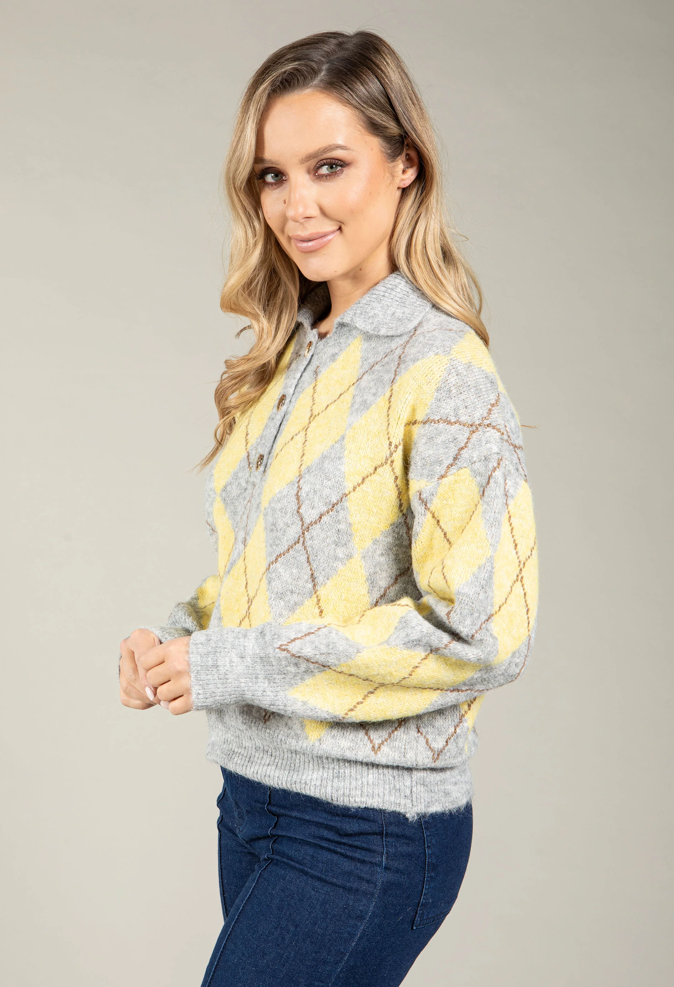 Gold Button Argyle Knit Jumper - Image 11