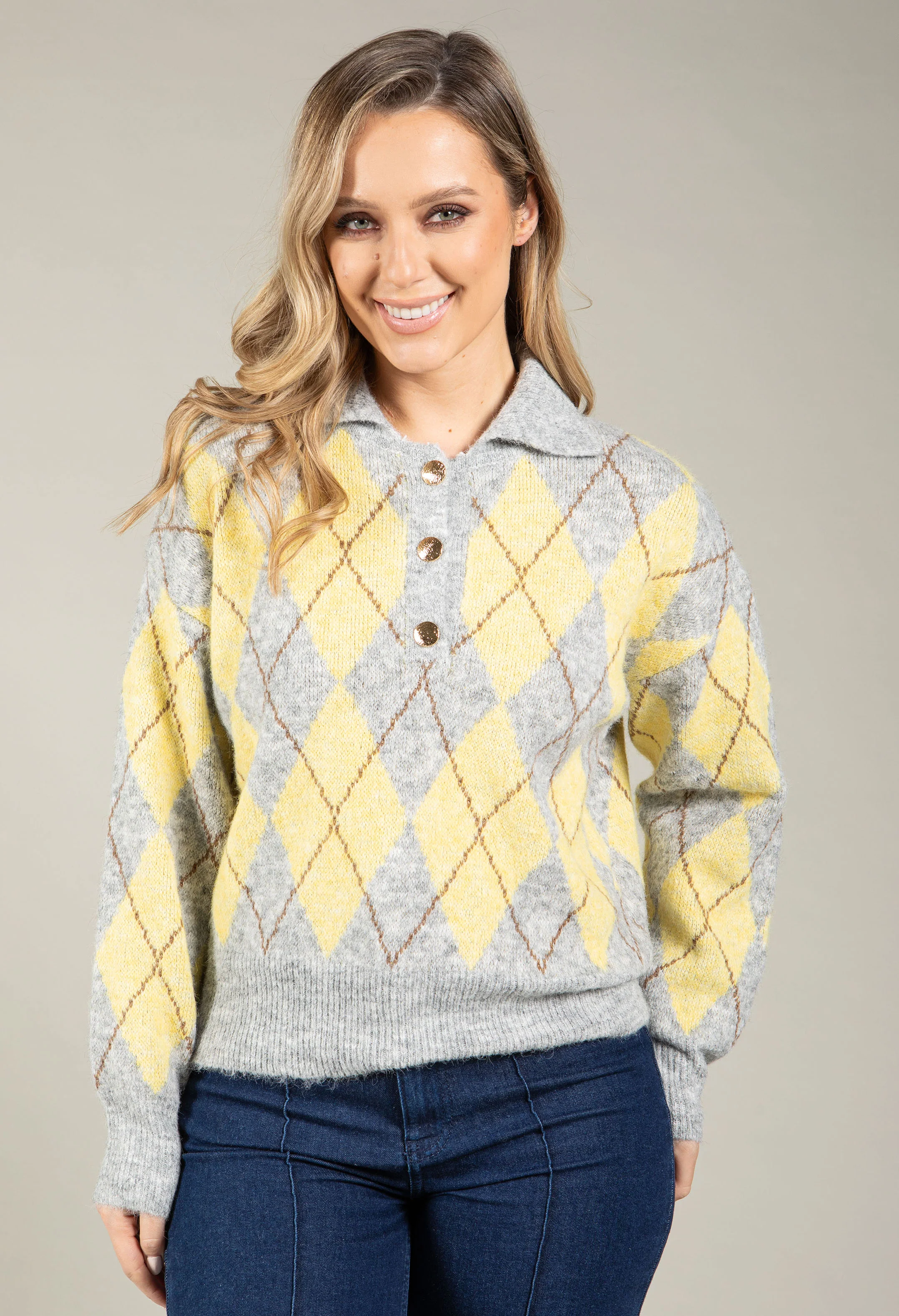 Gold Button Argyle Knit Jumper - Image 9