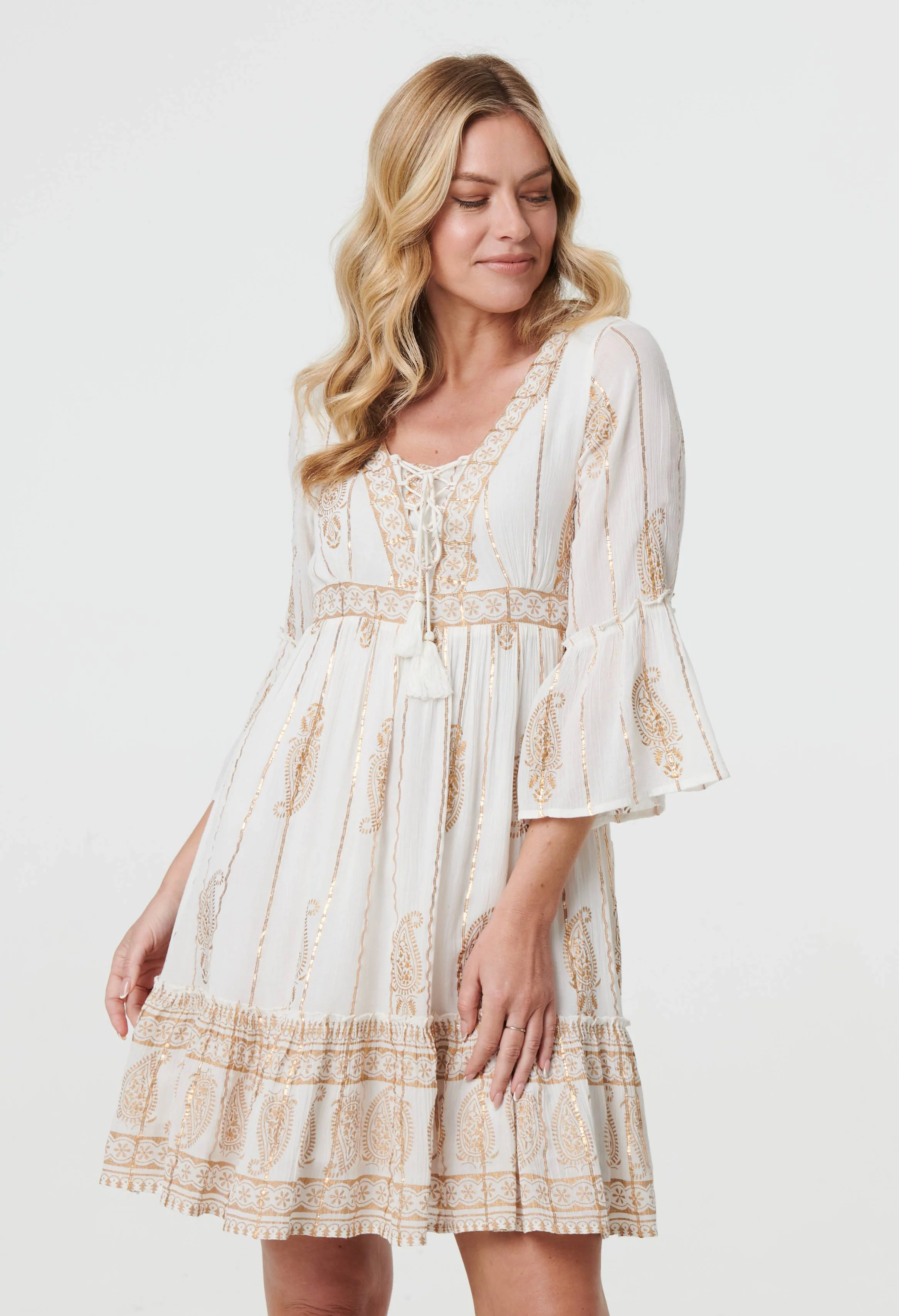 Gold Detailing Paisley Print Dress
