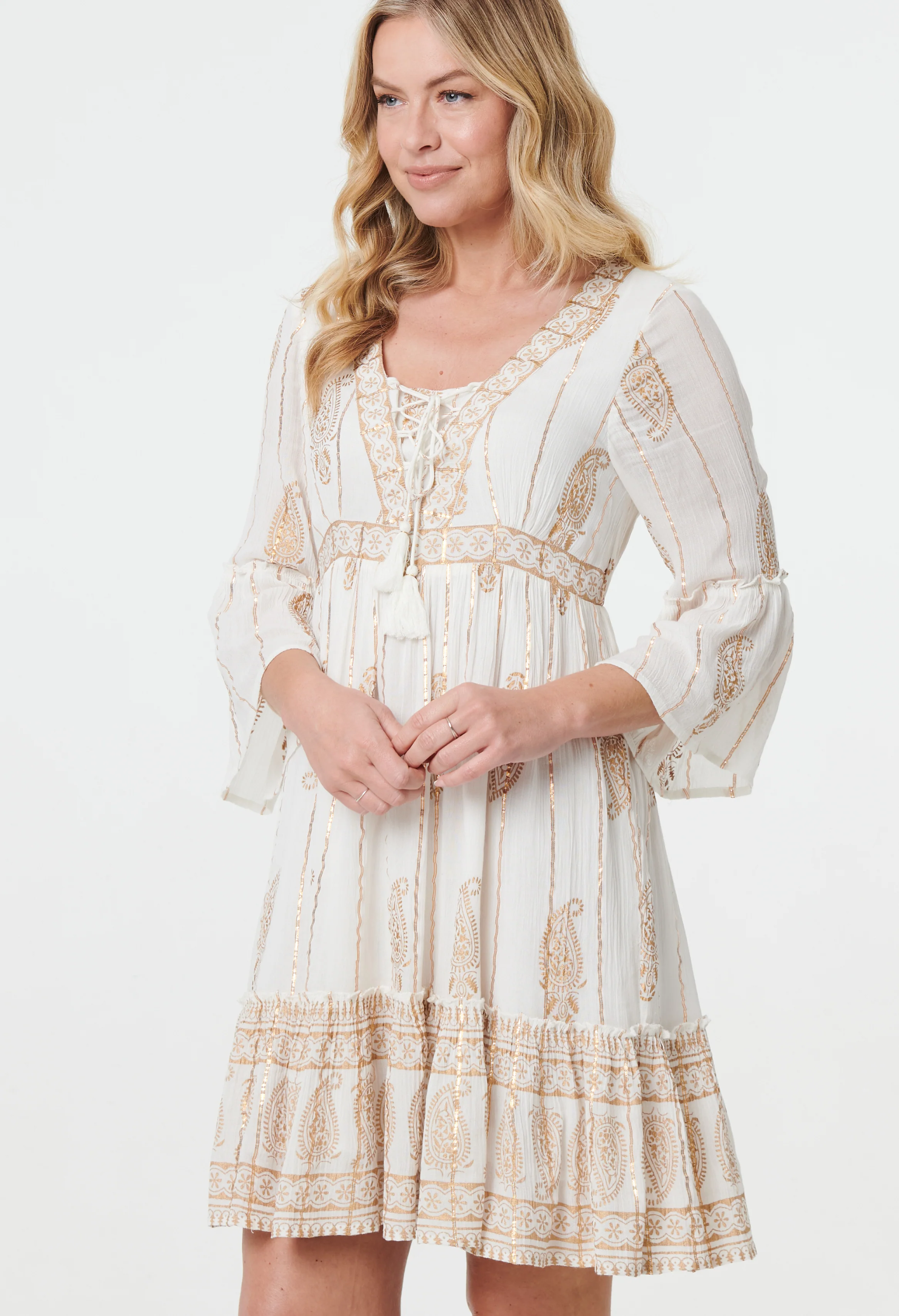 Gold Detailing Paisley Print Dress - Image 3