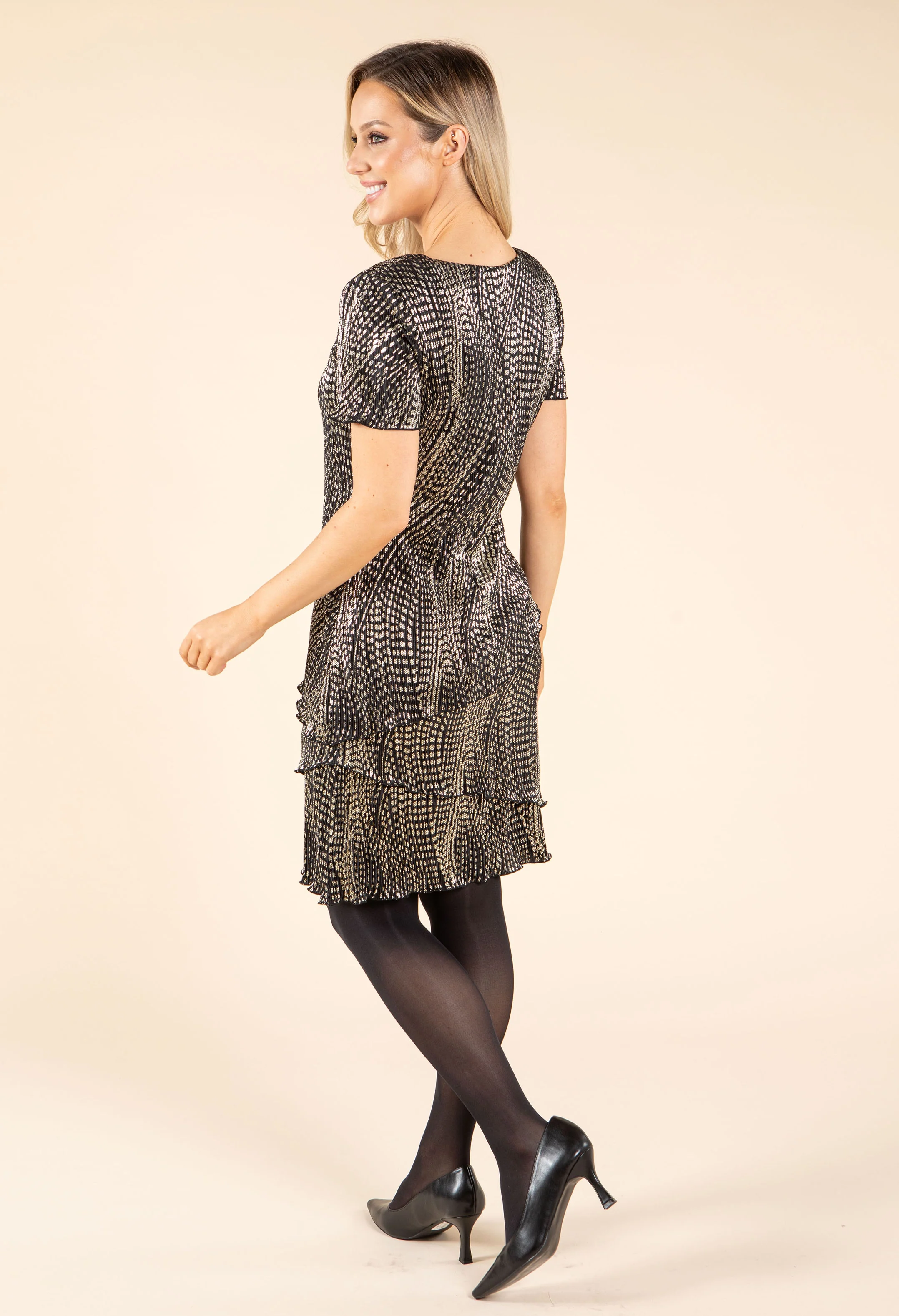 Gold Foil Detail Asymmetrical Tiered Plisse Dress - Image 5