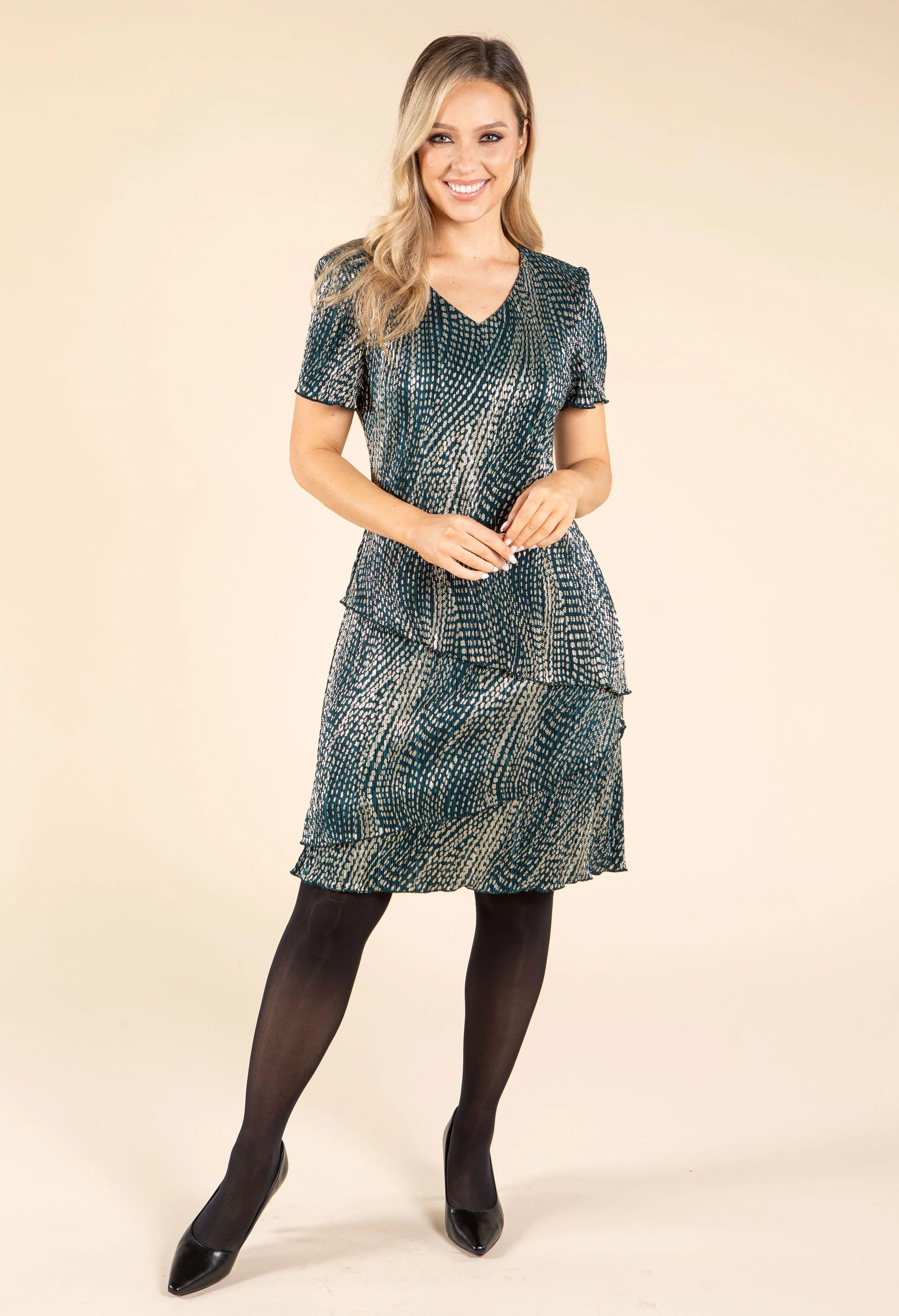 Gold Foil Detail Asymmetrical Tiered Plisse Dress - Image 7