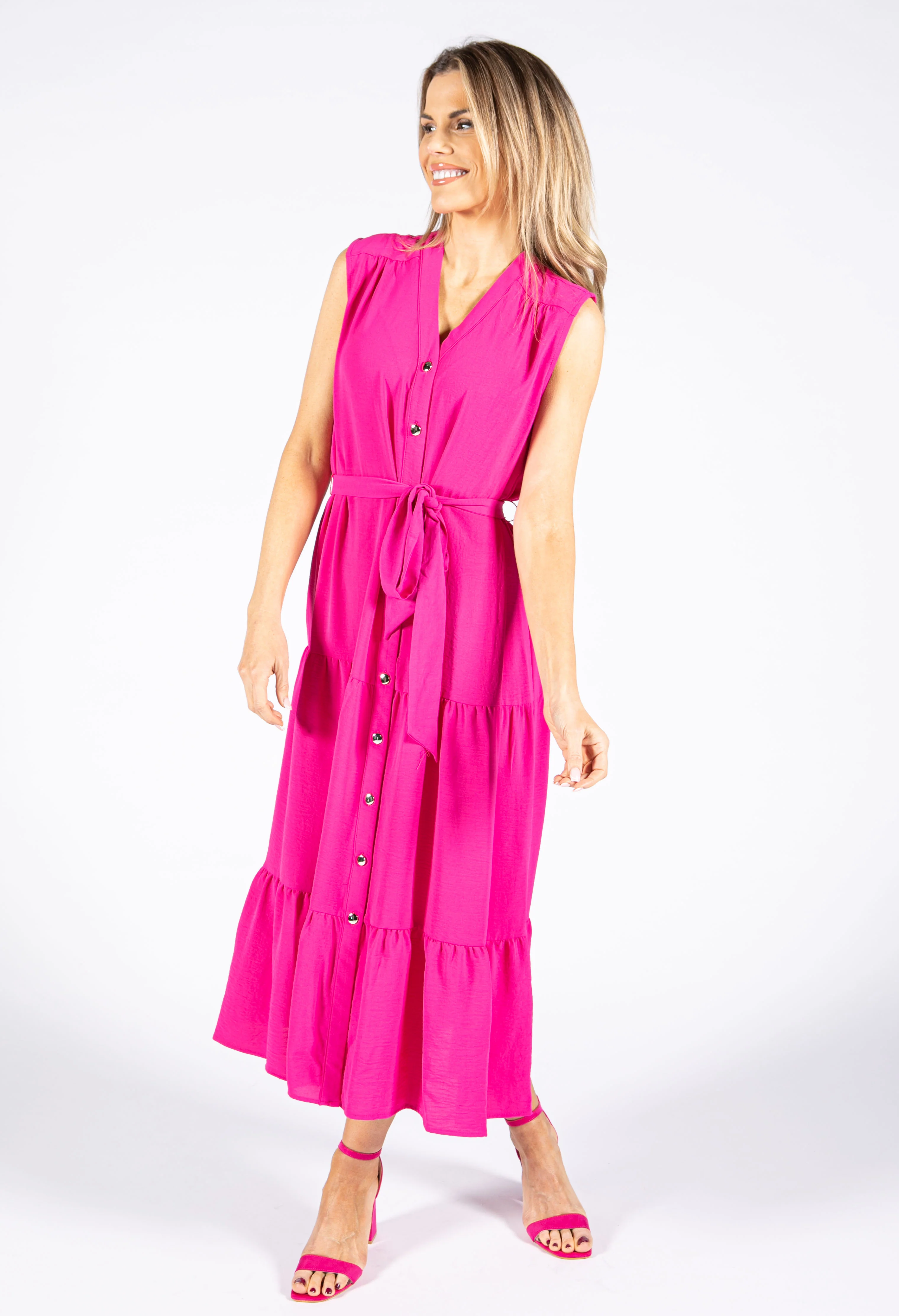 Hot Pink Tiered Button Down Dress - Image 3