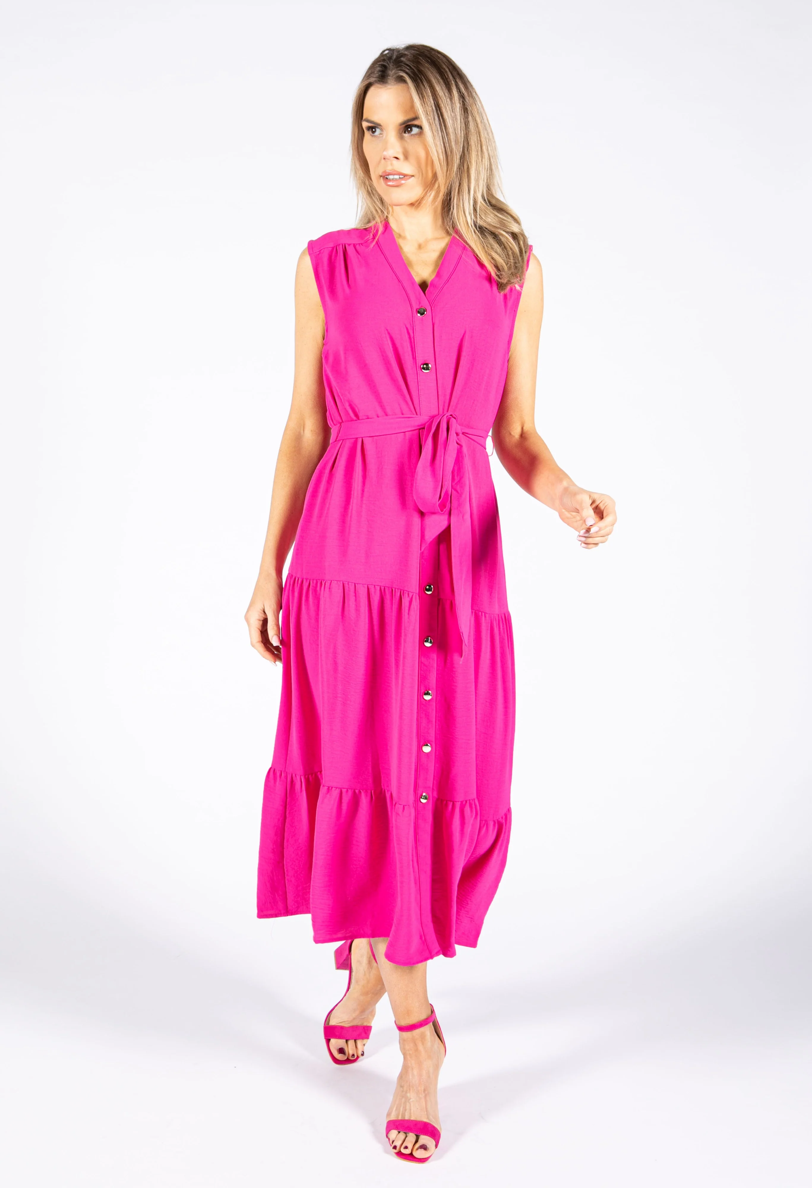 Hot Pink Tiered Button Down Dress - Image 6